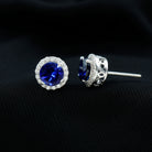 Certified 2 Carat Lab Grown Blue Sapphire Stud Earrings With Moissanite Halo AAAA 92.5 Sterling Silver - Rosec Jewels