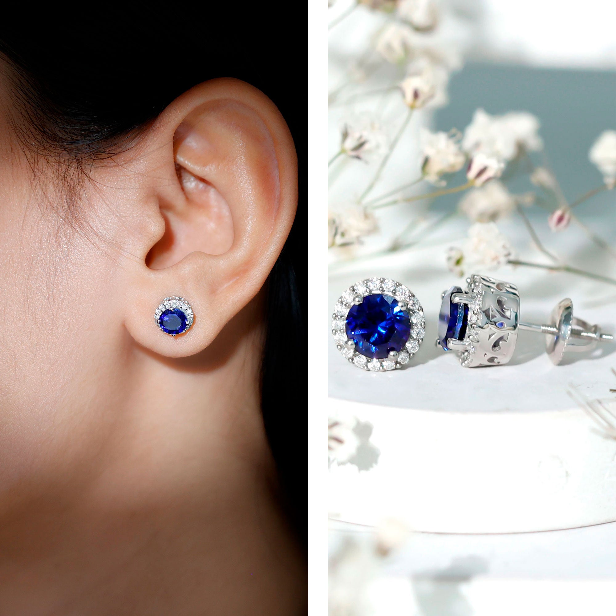Certified 2 Carat Lab Grown Blue Sapphire Stud Earrings With Moissanite Halo AAAA 92.5 Sterling Silver - Rosec Jewels