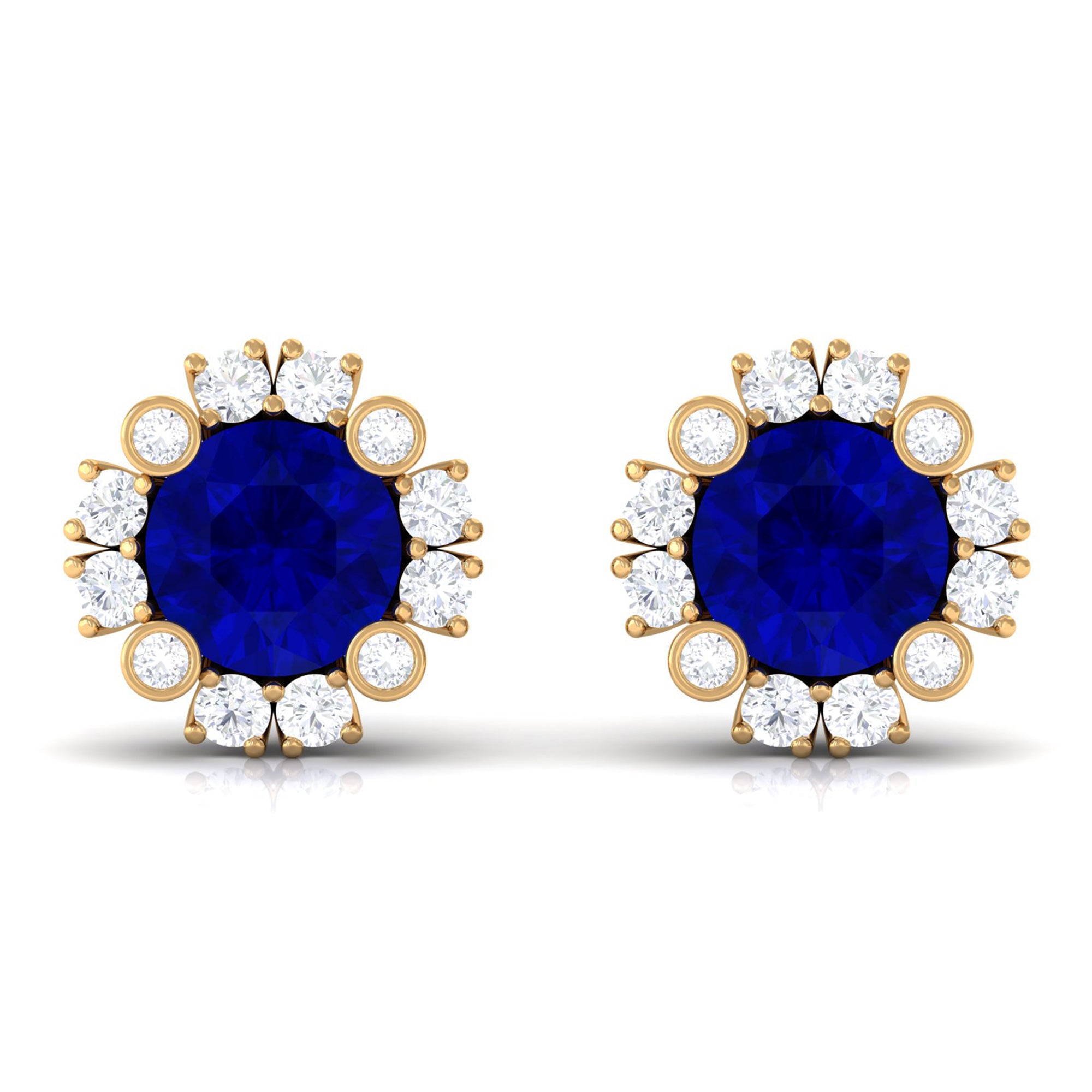 Designer Created Blue Sapphire and Diamond Halo Stud Earrings Lab Created Blue Sapphire - ( AAAA ) - Quality - Rosec Jewels