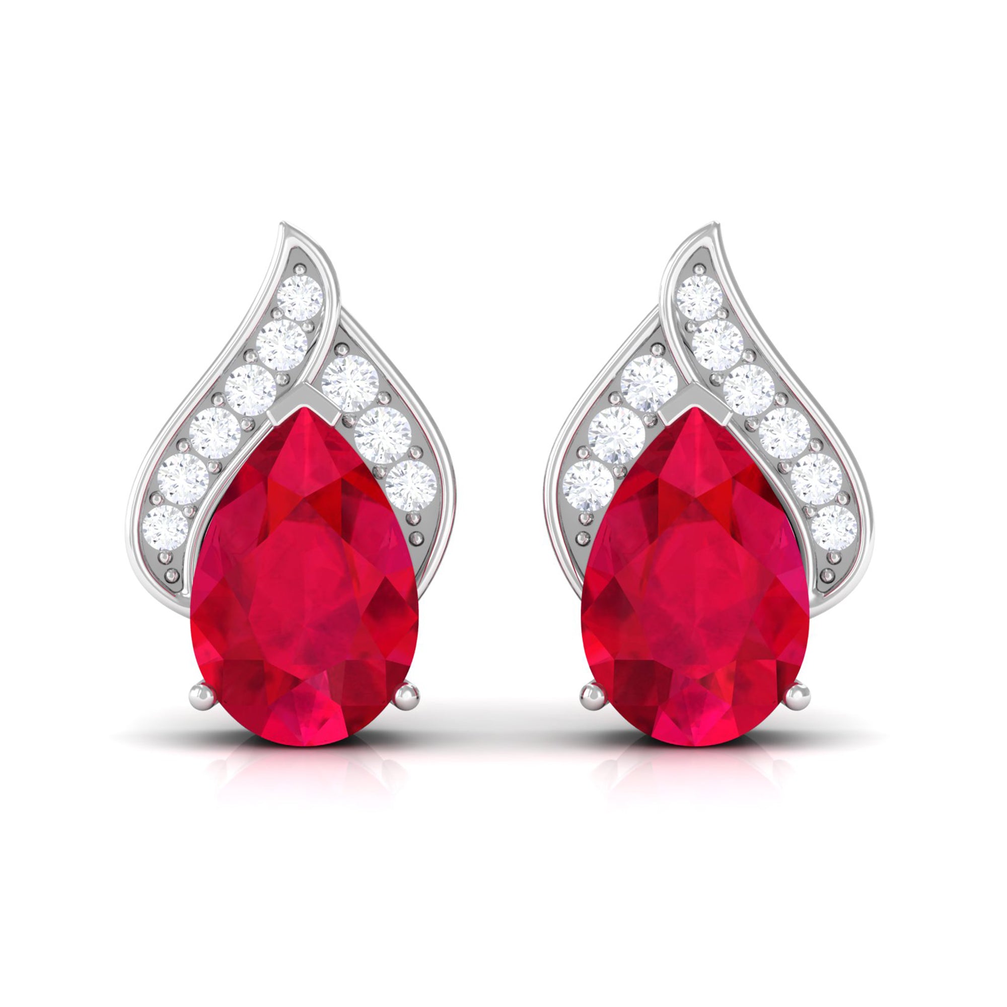 1 CT Teardrop Stud Earrings with Lab Grown Ruby and Diamond Lab Created Ruby - ( AAAA ) - Quality - Rosec Jewels