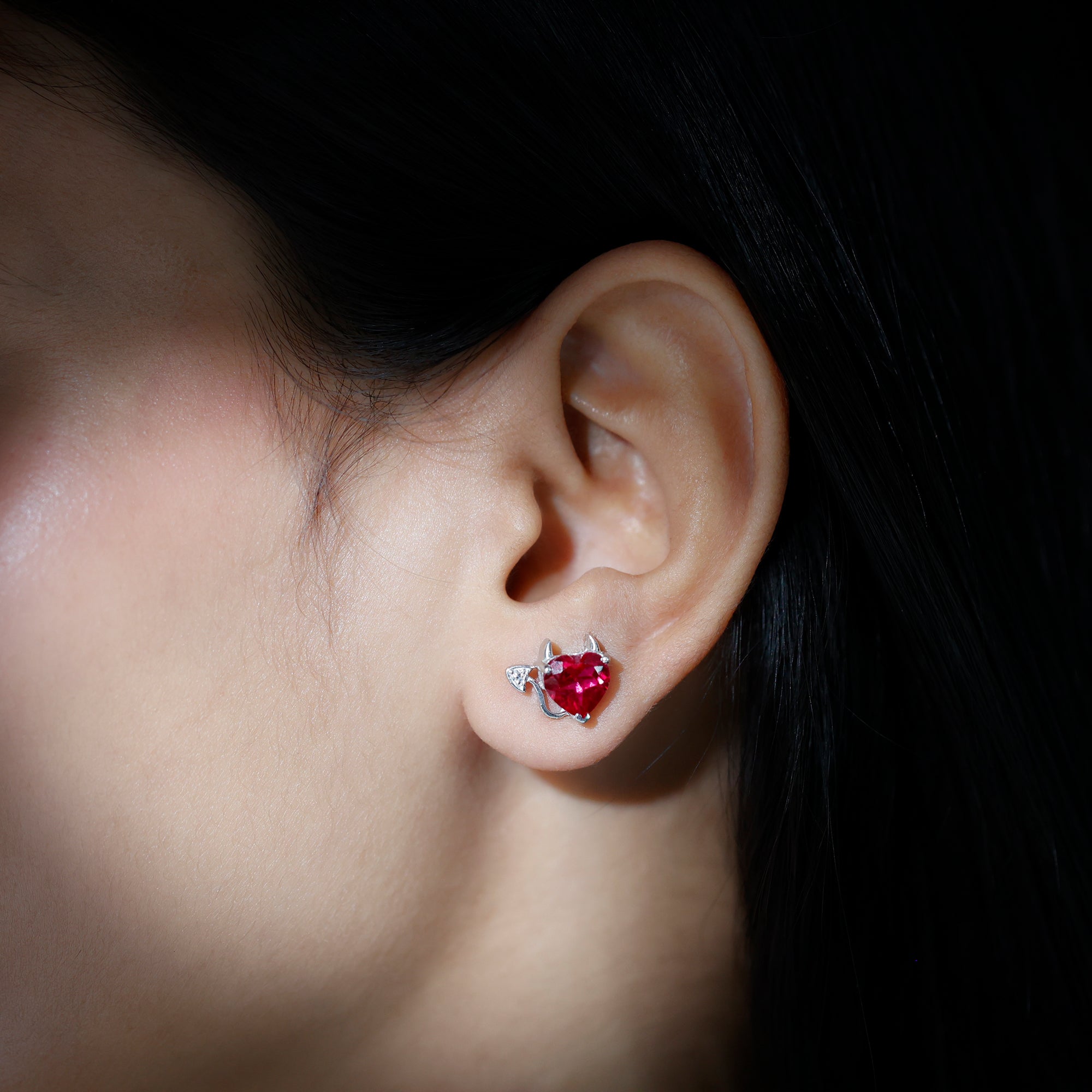 Certified 4 Carat Lab Grown Ruby Devil Heart Stud Earrings AAAA 92.5 Sterling Silver - Rosec Jewels