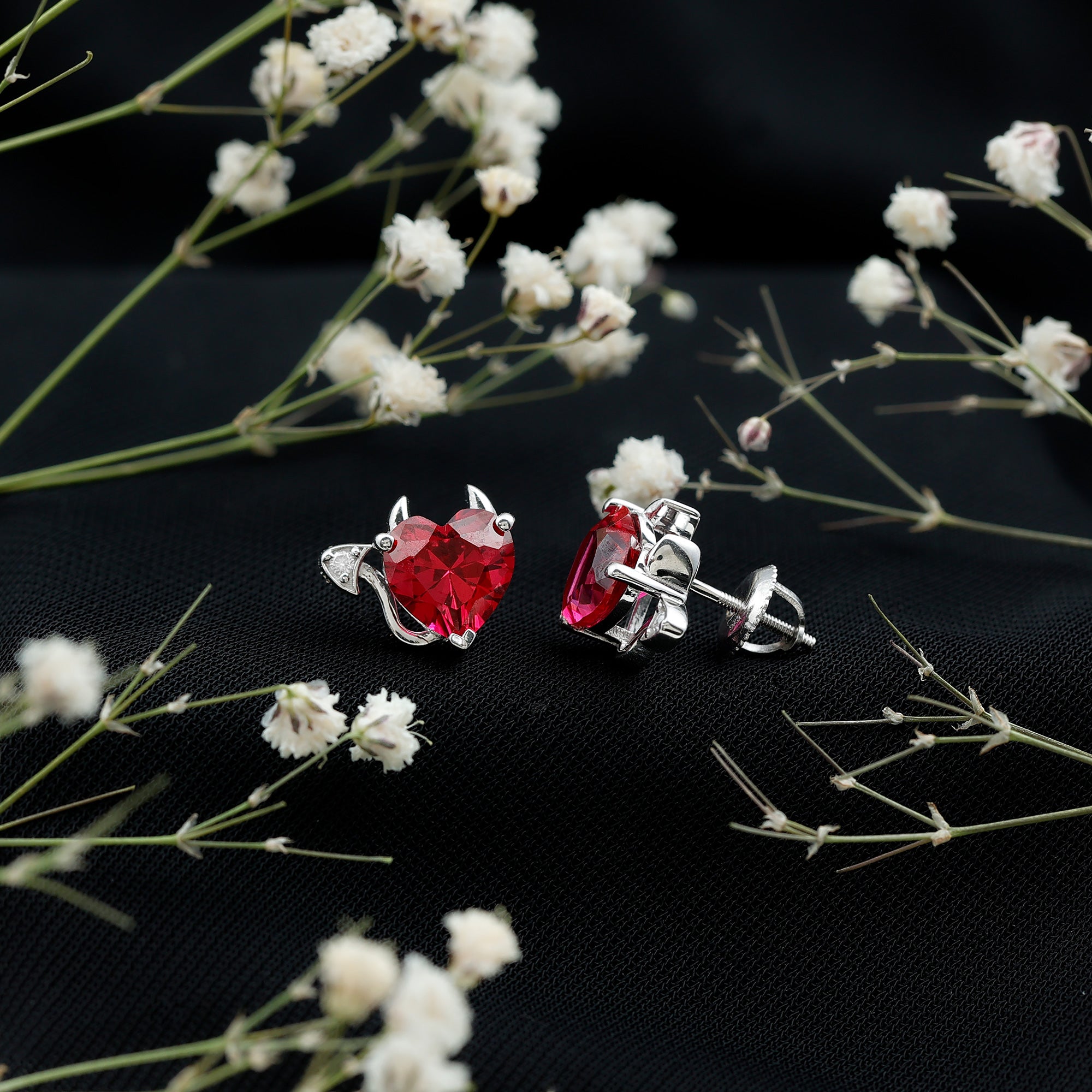 Certified 4 Carat Lab Grown Ruby Devil Heart Stud Earrings AAAA 92.5 Sterling Silver - Rosec Jewels
