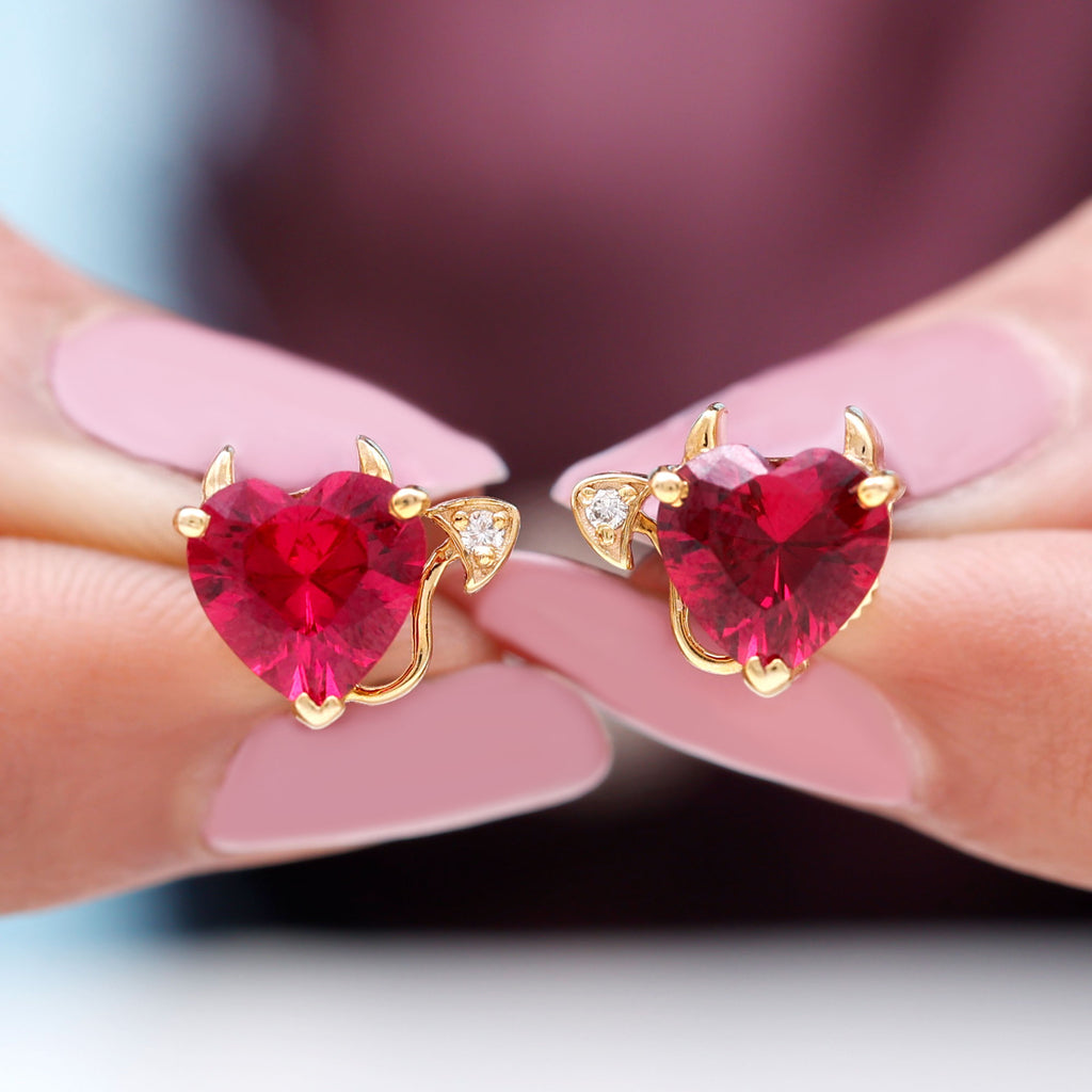 Lab Grown Ruby and Zircon Devil Heart Earrings Lab Created Ruby - ( AAAA ) - Quality - Rosec Jewels