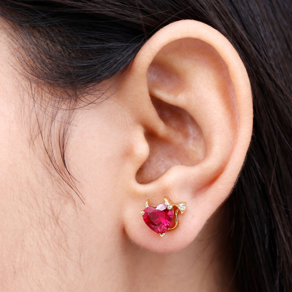 Lab Grown Ruby and Zircon Devil Heart Earrings Lab Created Ruby - ( AAAA ) - Quality - Rosec Jewels