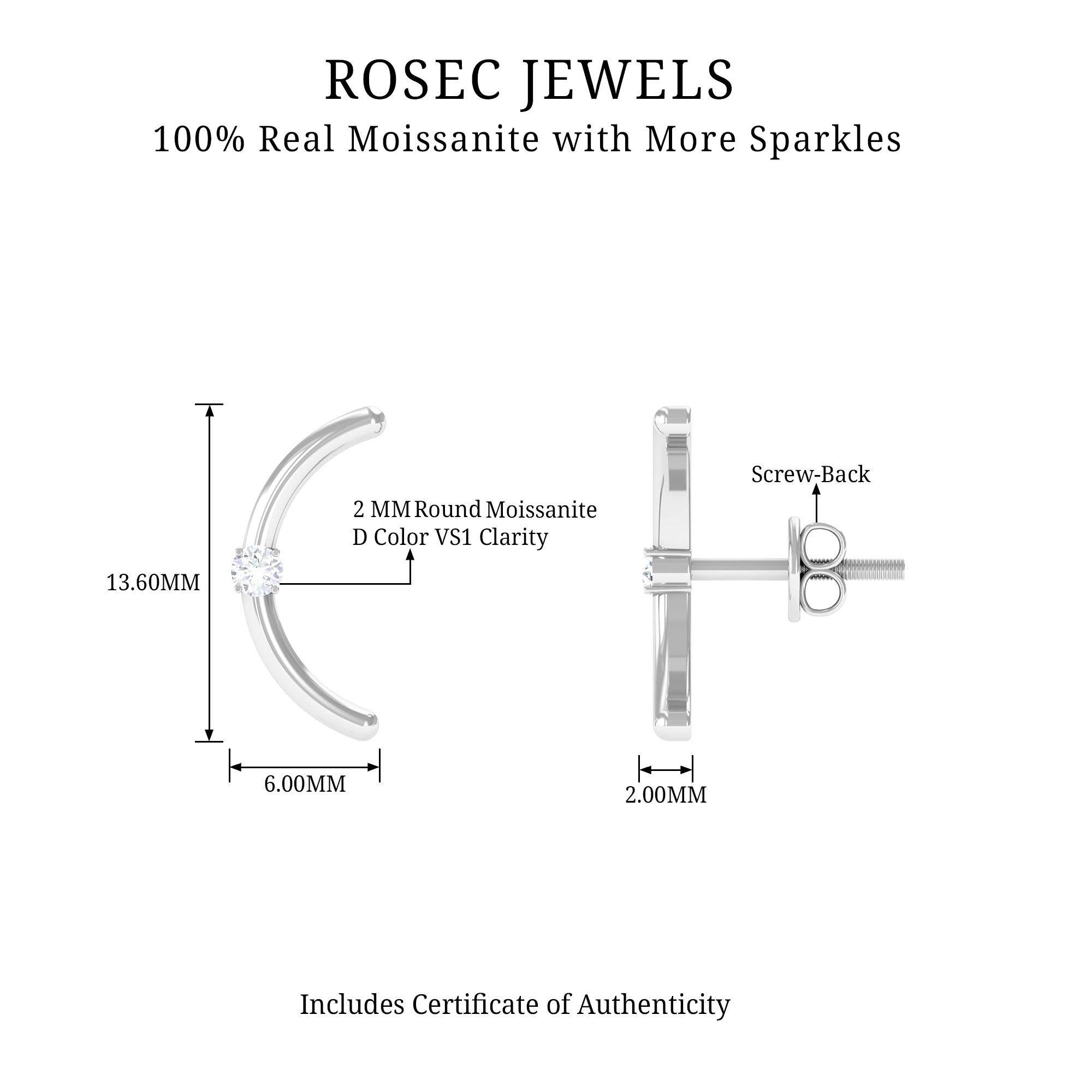 Certified Moissanite Curved Stud Earrings Moissanite - ( D-VS1 ) - Color and Clarity - Rosec Jewels