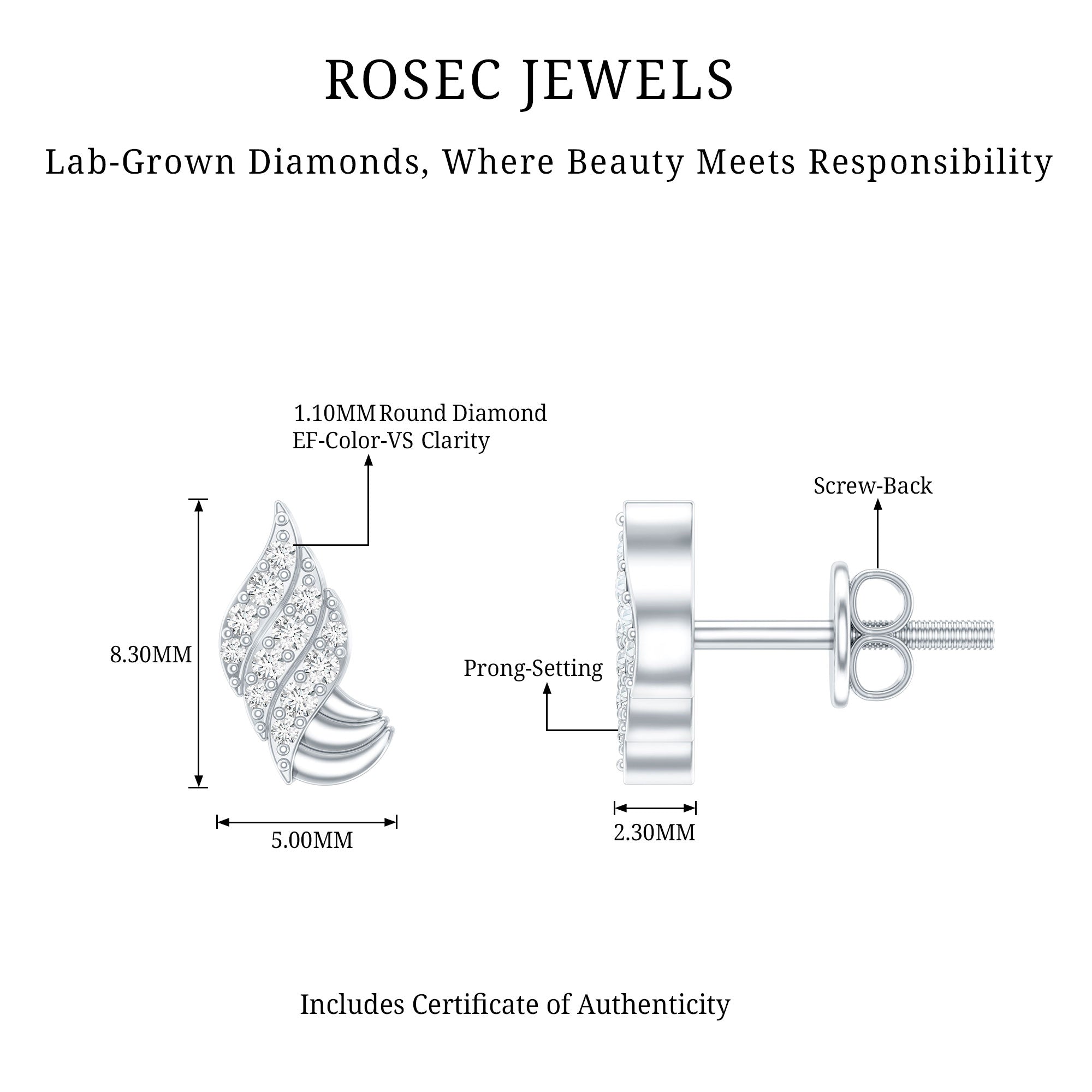 Certified Lab Grown Diamond Leaf Stud Earrings With Screw Back Lab - ( EF-VS ) - Rosec Jewels