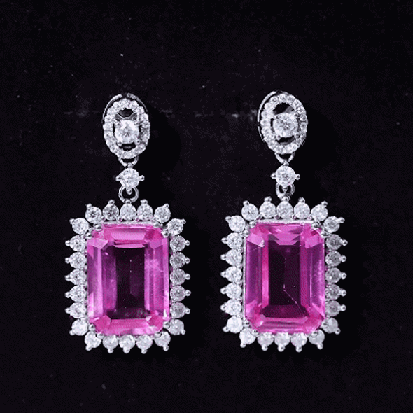 18 Carat Emerald Cut Lab Grown Pink Sapphire Statement Earrings for Wedding AAAA 92.5 Sterling Silver - Rosec Jewels