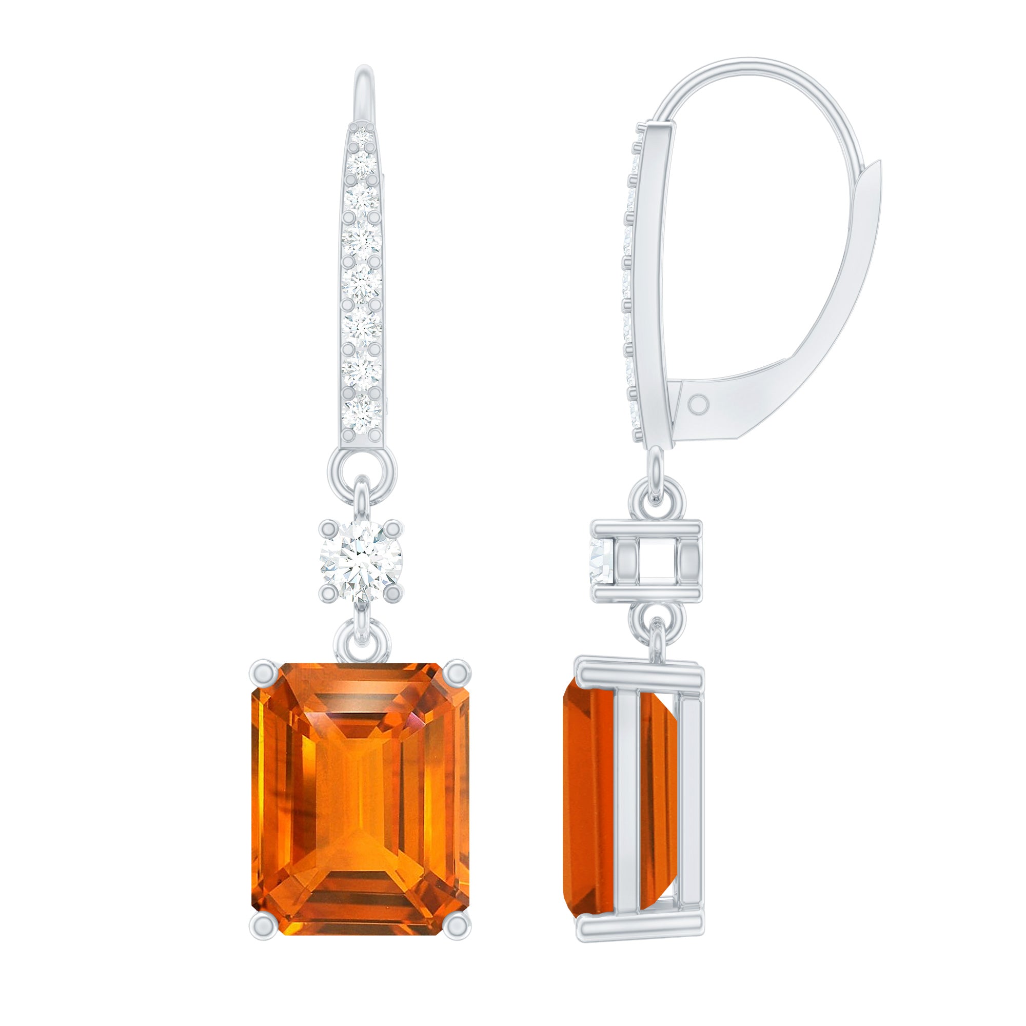 Emerald Cut 8X10 MM Lab Created Orange Sapphire Hoop Drop Earrings