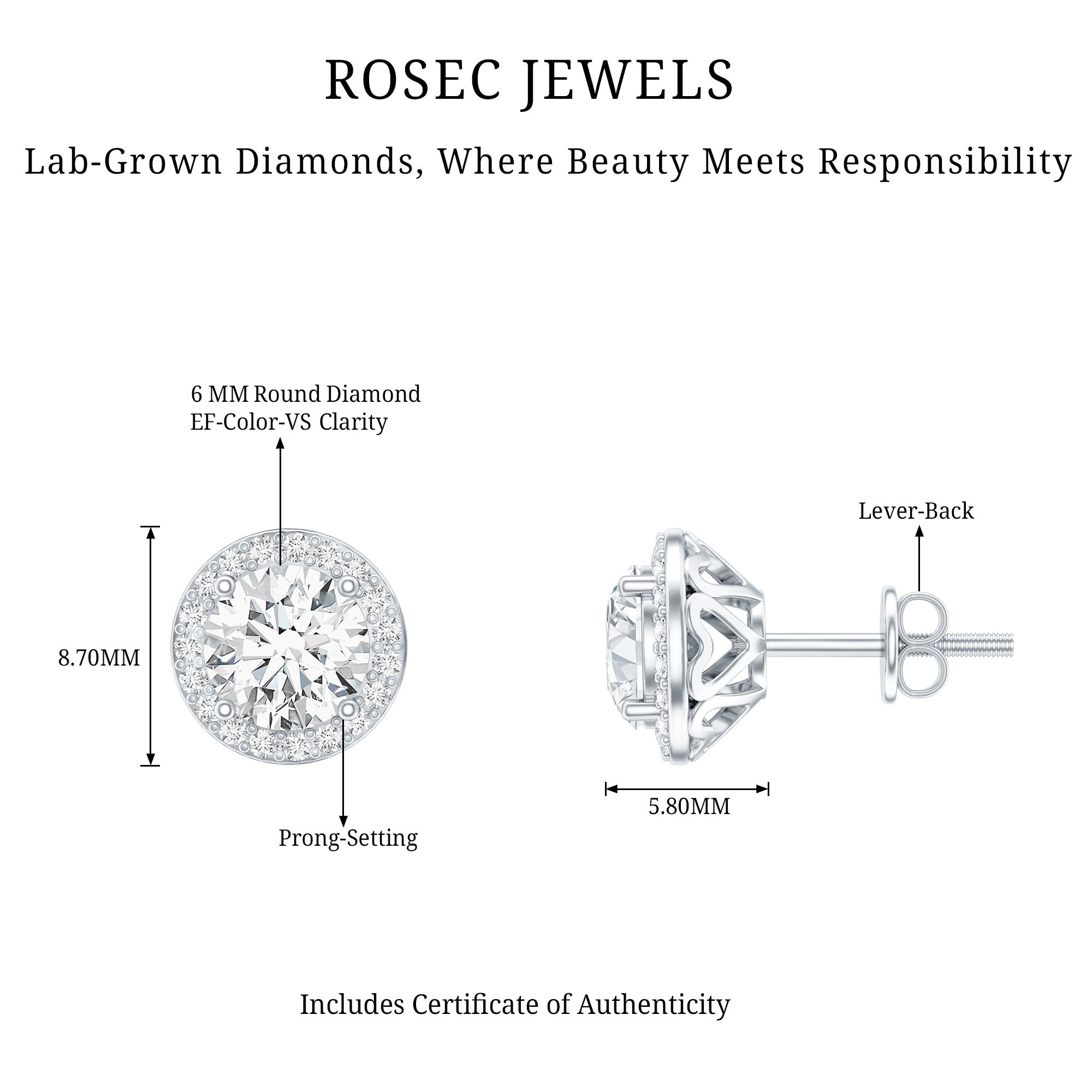 Rosec Jewels-IGI Certified Round Lab Grown Diamond Bridal Stud Earrings