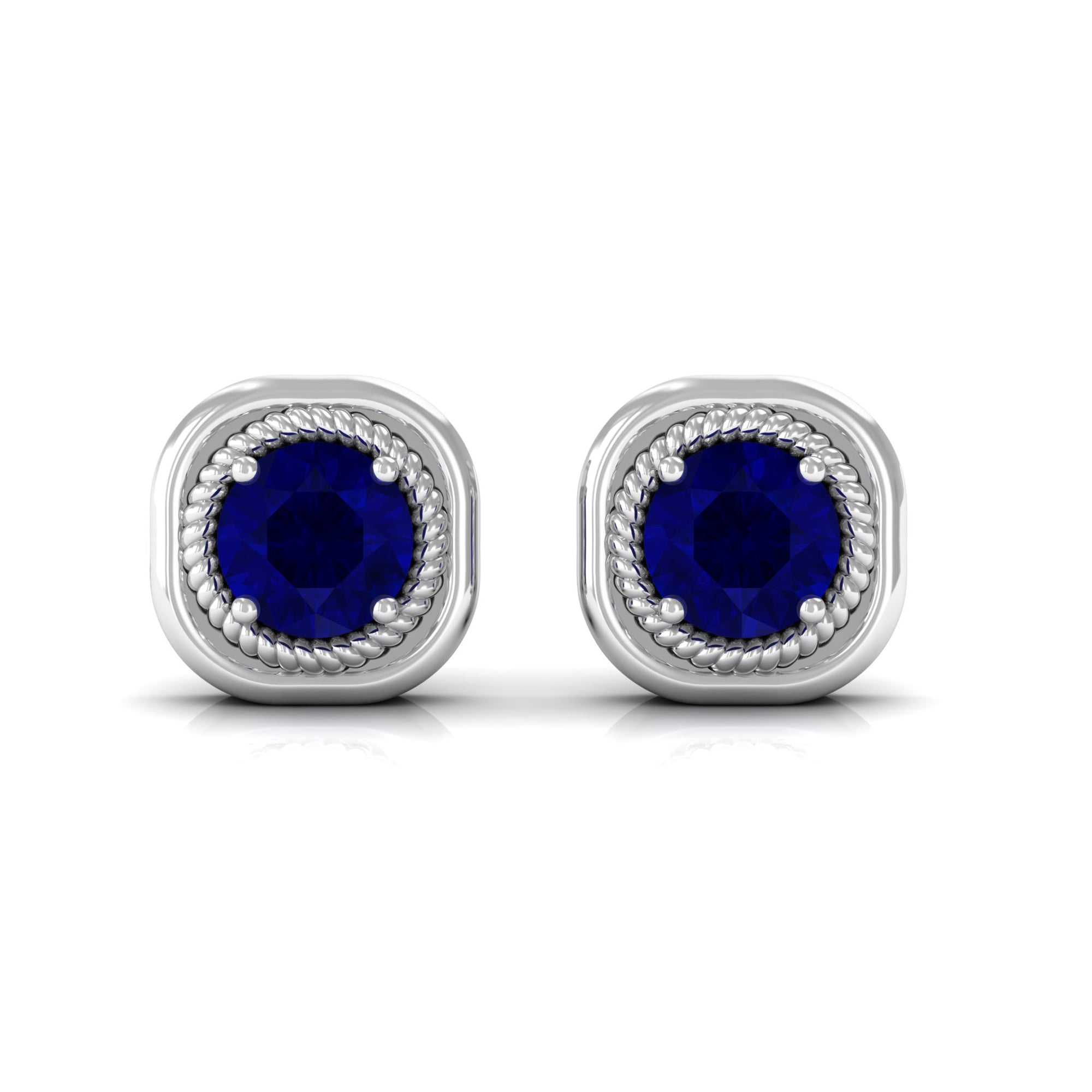 Blue Sapphire Solitaire Stud Earrings with Rope Frame Embellishment Blue Sapphire - ( AAA ) - Quality - Rosec Jewels