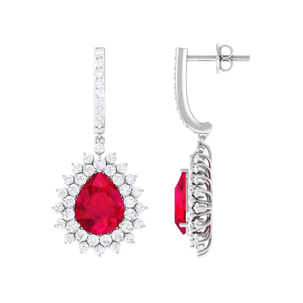Pear Cut Created Ruby J Hoop Drop Earring with Moissanite Halo Lab Created Ruby - ( AAAA ) - Quality - Rosec Jewels