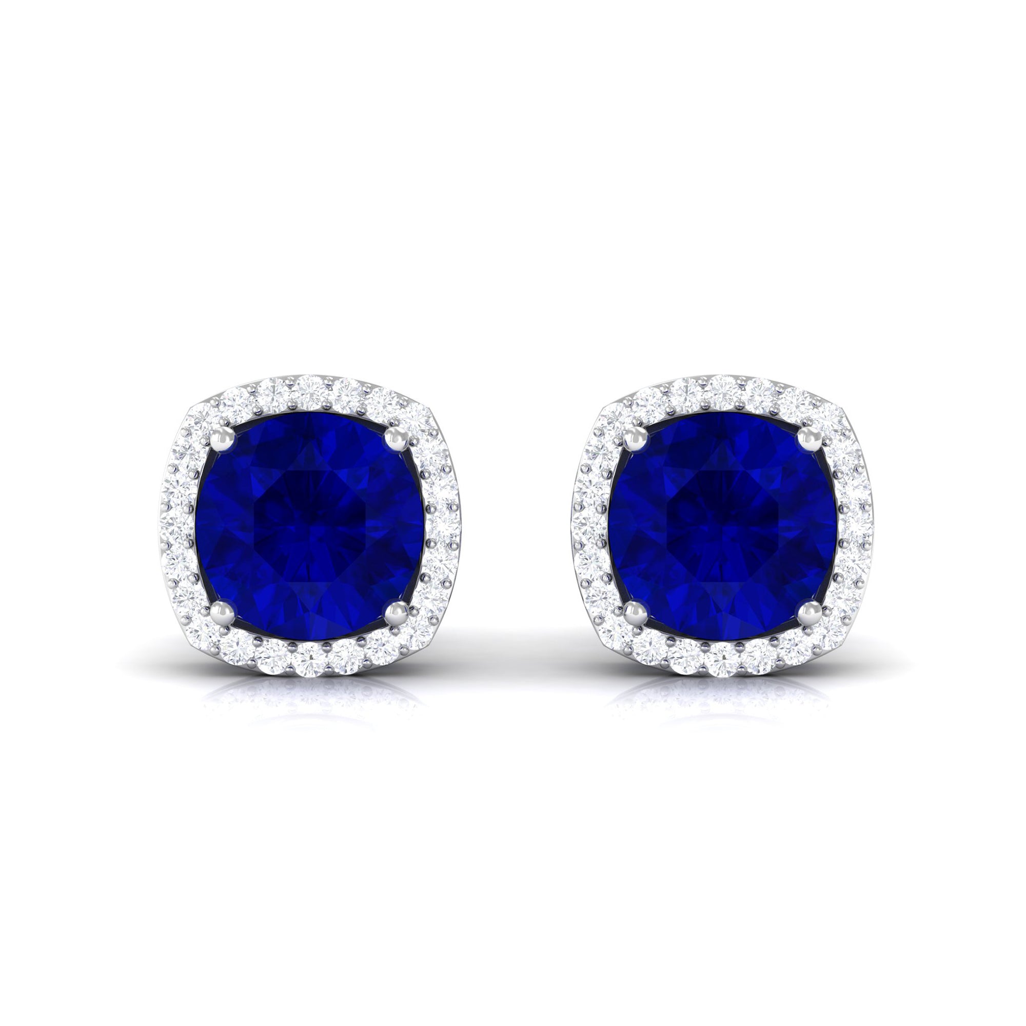 Created Blue Sapphire Stud Earrings with Diamond Halo Lab Created Blue Sapphire - ( AAAA ) - Quality - Rosec Jewels