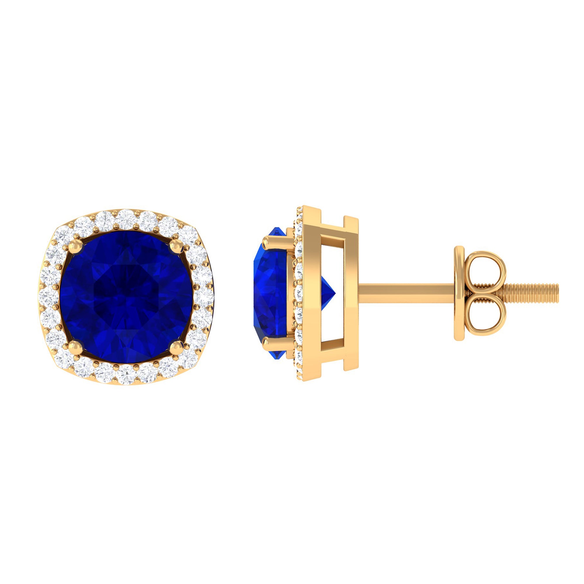 Created Blue Sapphire Stud Earrings with Diamond Halo Lab Created Blue Sapphire - ( AAAA ) - Quality - Rosec Jewels