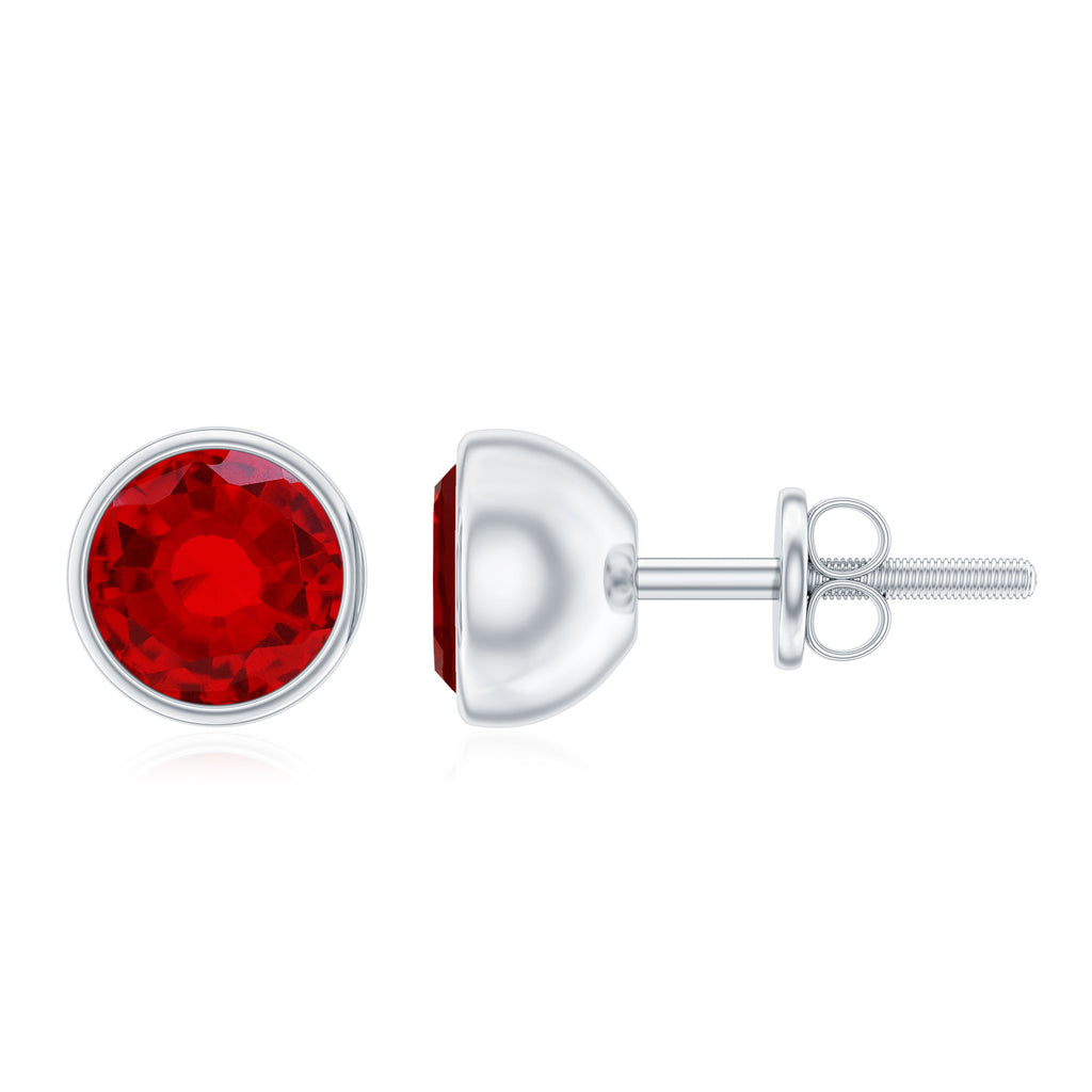 Created Ruby Solitaire Stud Earrings in Bezel Setting Lab Created Ruby - ( AAAA ) - Quality - Rosec Jewels