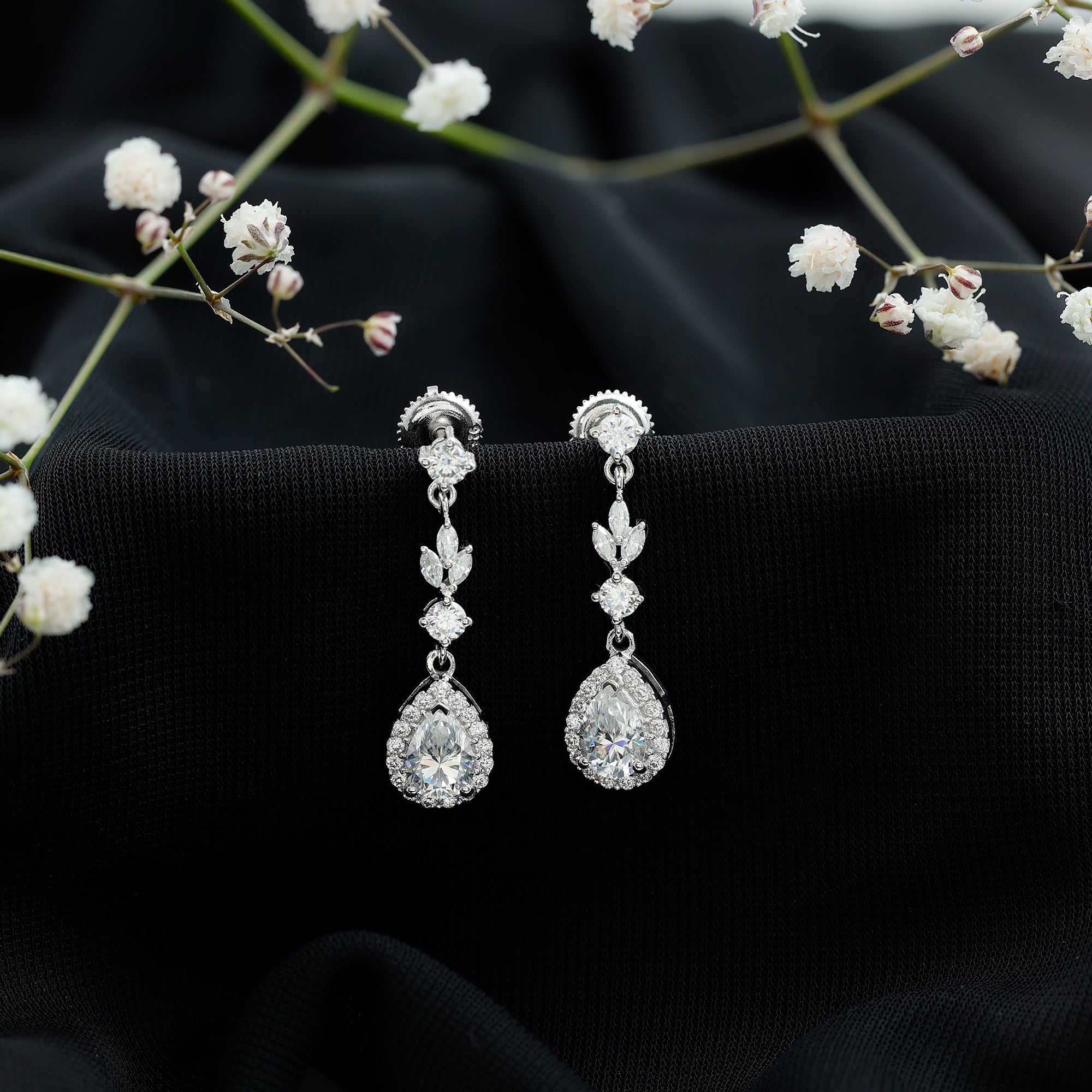Certified Moissanite Wedding Dangling Earrings in Silver D-VS1 92.5 Sterling Silver - Rosec Jewels