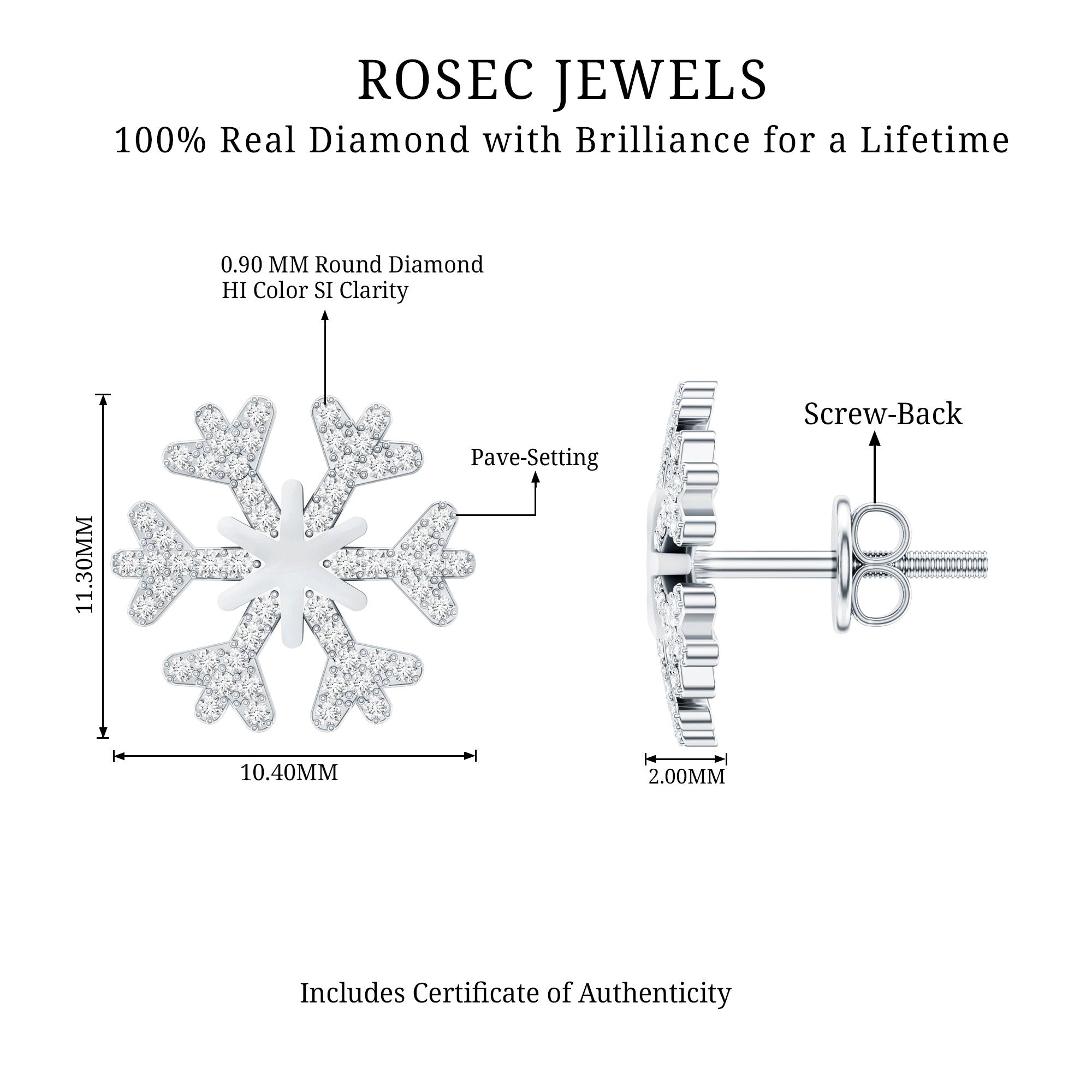 Natural Diamond Snowflake Earrings with Screw Back Natural - ( HI-SI ) - Rosec Jewels