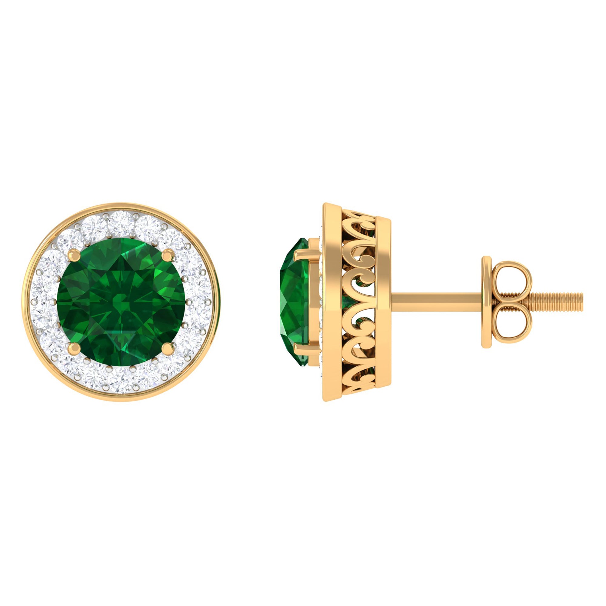 2.25 CT Created Emerald Stud Earrings with Diamond Halo Lab Created Emerald - ( AAAA ) - Quality - Rosec Jewels