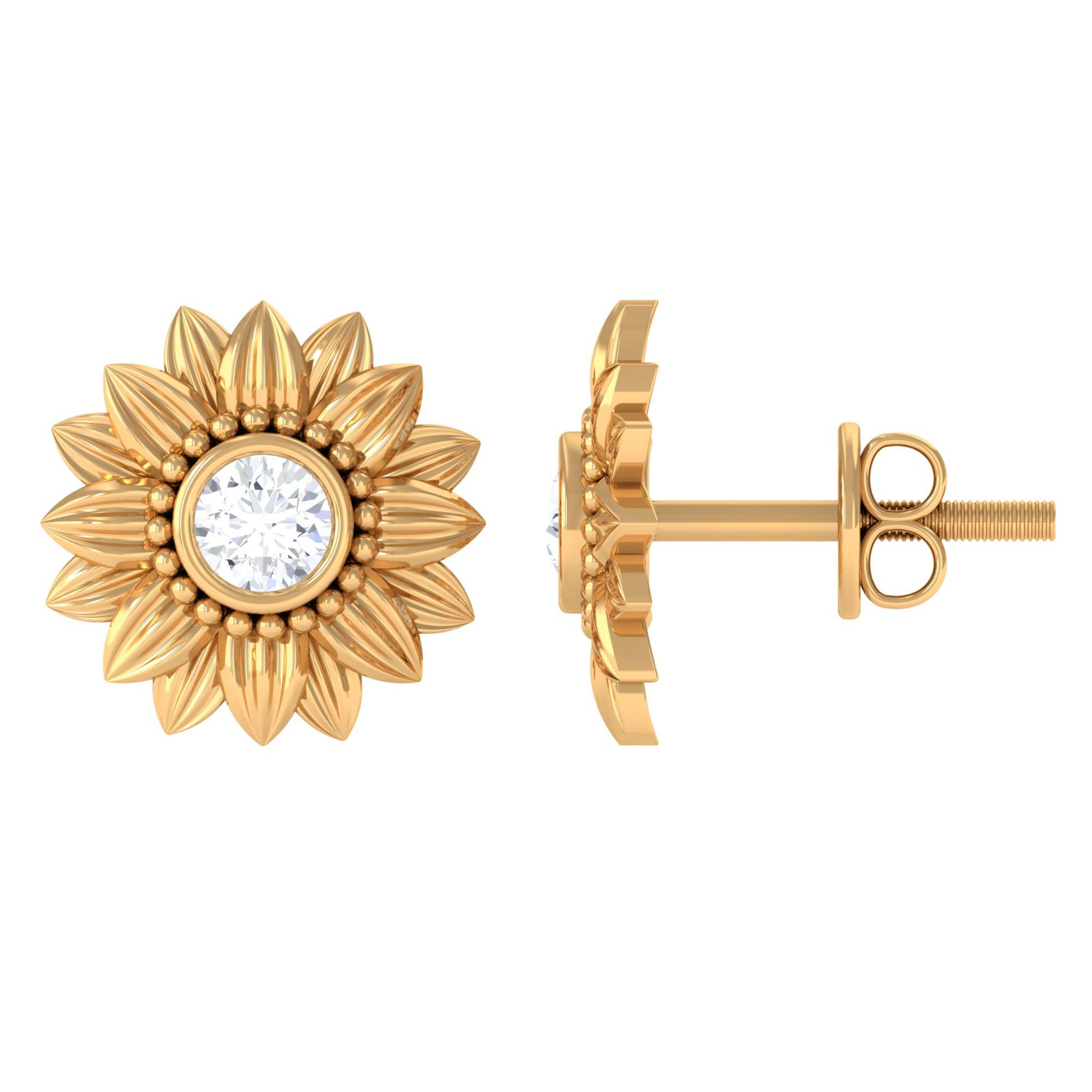 Diamond Gold Sunflower Stud Earrings Diamond - ( HI-SI ) - Color and Clarity - Rosec Jewels