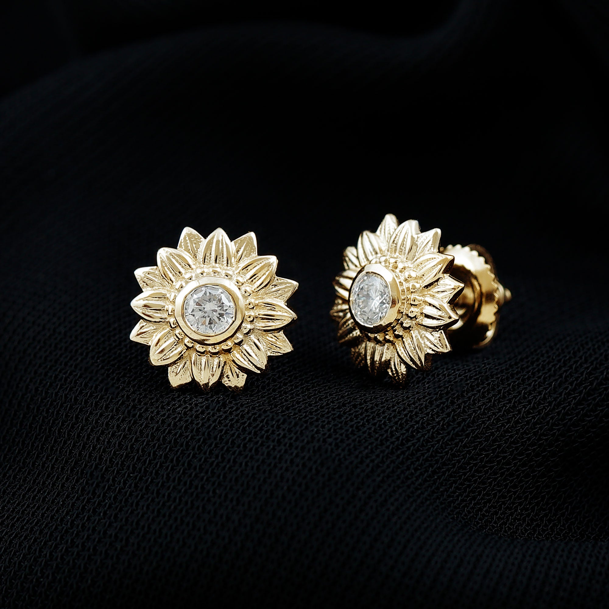 Diamond Gold Sunflower Stud Earrings Diamond - ( HI-SI ) - Color and Clarity - Rosec Jewels
