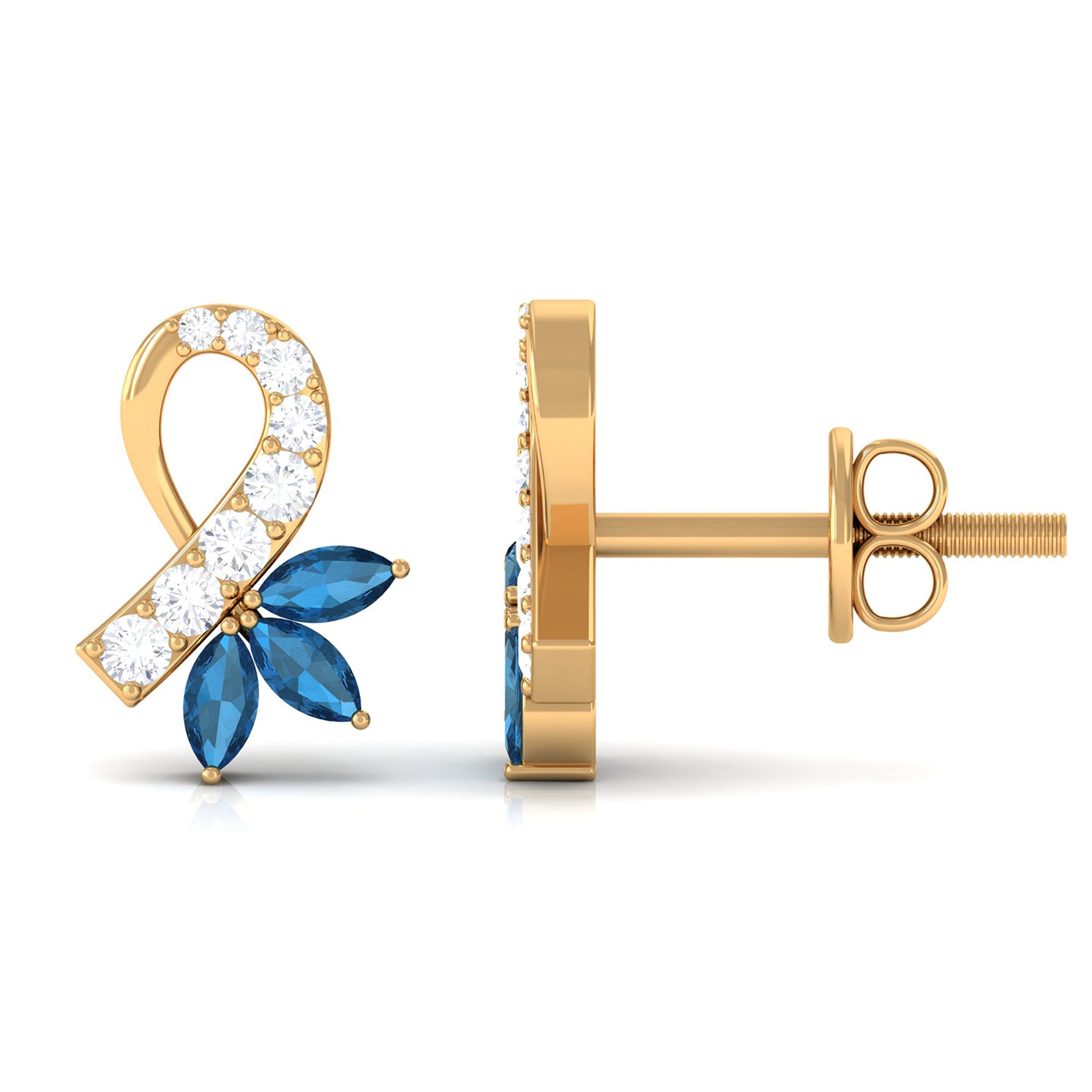 Floral Inspired London Blue Topaz and Diamond Stud Earrings London Blue Topaz - ( AAA ) - Quality - Rosec Jewels