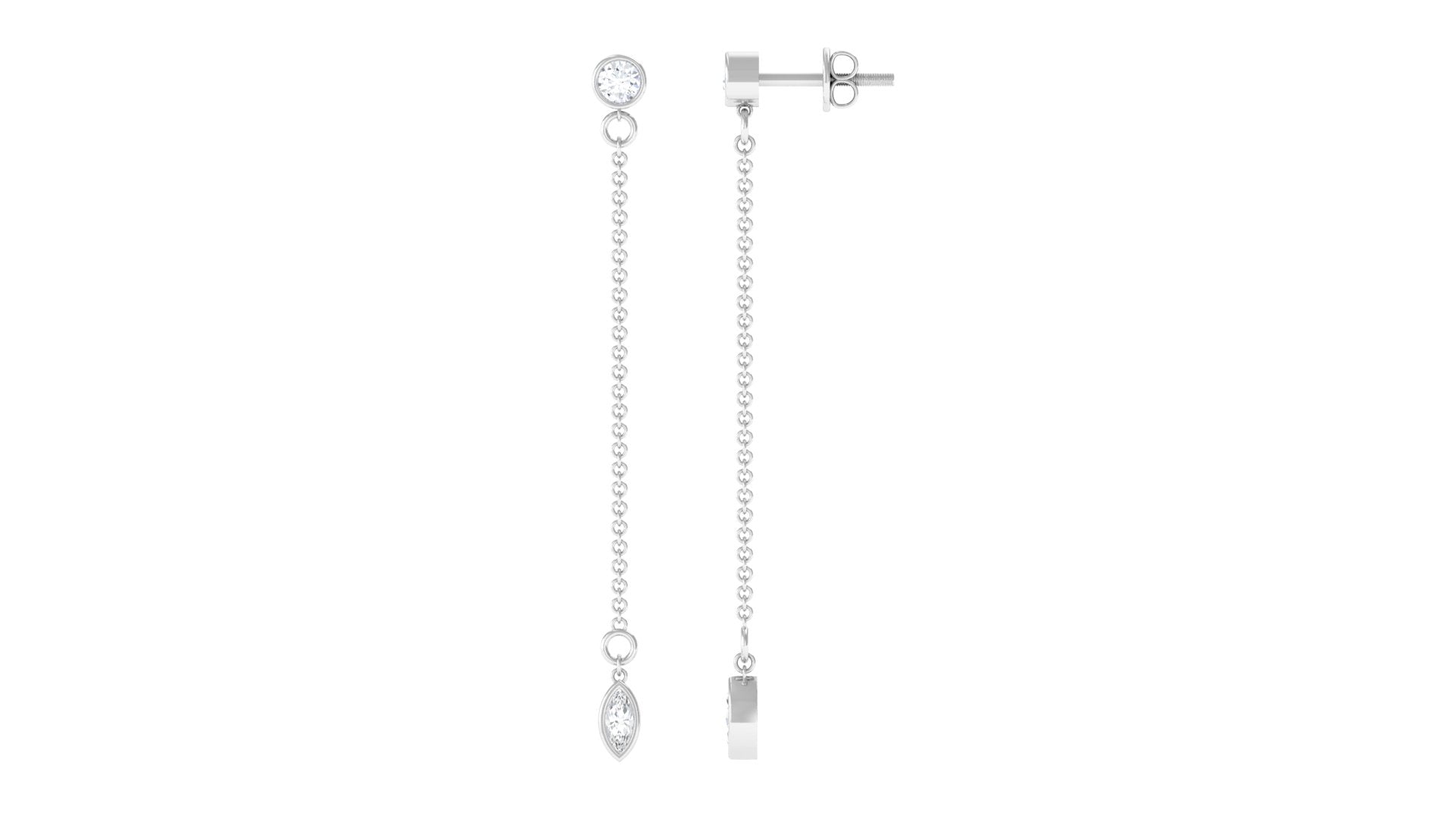 Bezel Set Zircon Long Chain Dangle Drop Silver Earrings - Rosec Jewels