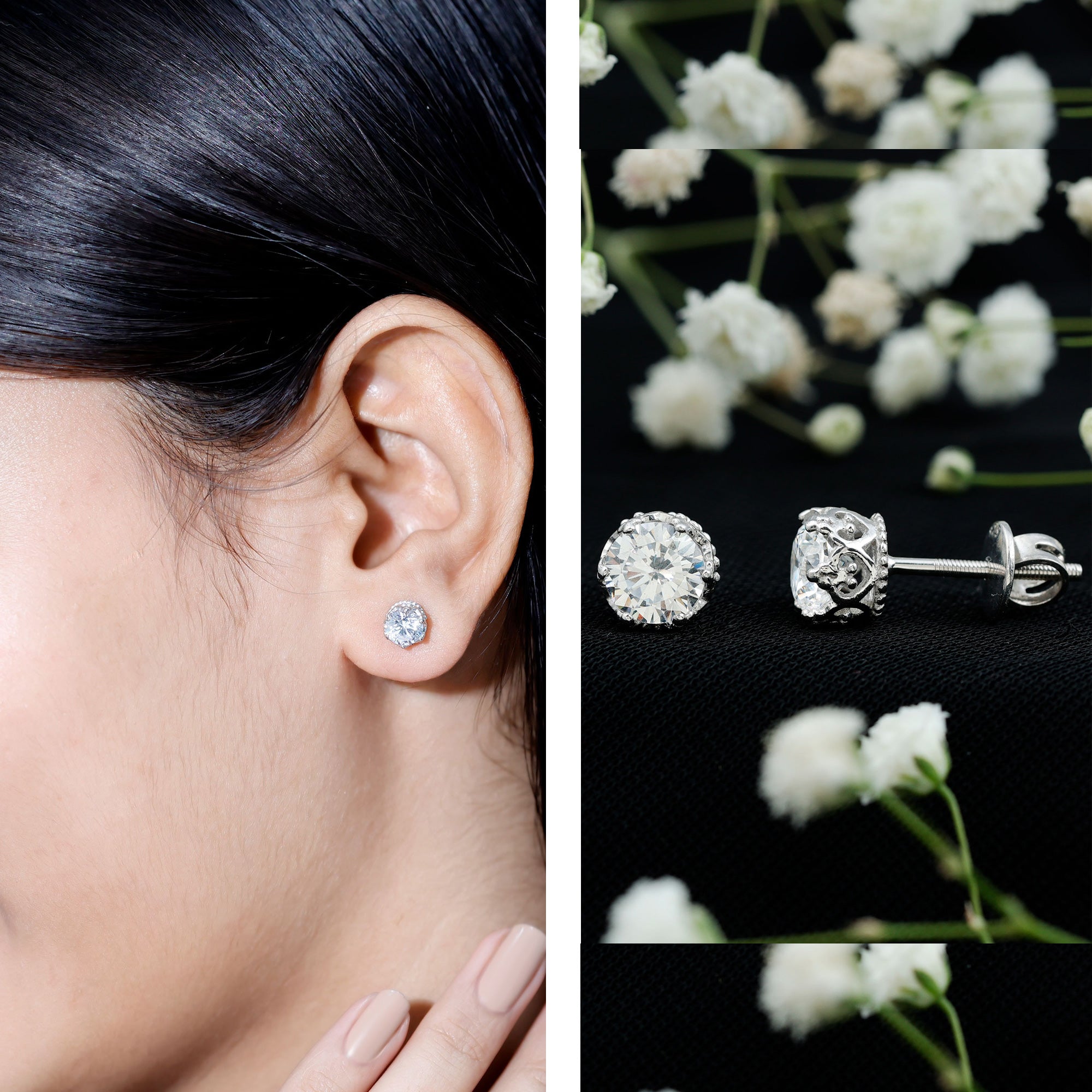 1 Carat Round Cubic Zirconia Crown Stud Earrings in Silver AAAAA 92.5 Sterling Silver - Rosec Jewels