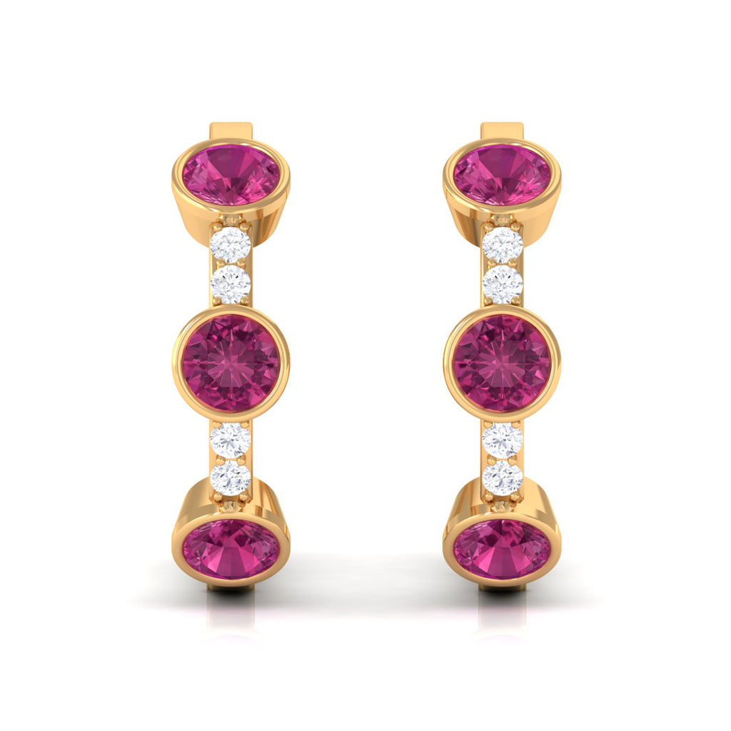 Bezel Set Pink Tourmaline 3 Stone Hinged Hoop Earrings with Diamond Pink Tourmaline - ( AAA ) - Quality - Rosec Jewels