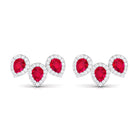 Pear Cut Created Ruby 3 Stone Stud Earring with Diamond Halo Lab Created Ruby - ( AAAA ) - Quality - Rosec Jewels