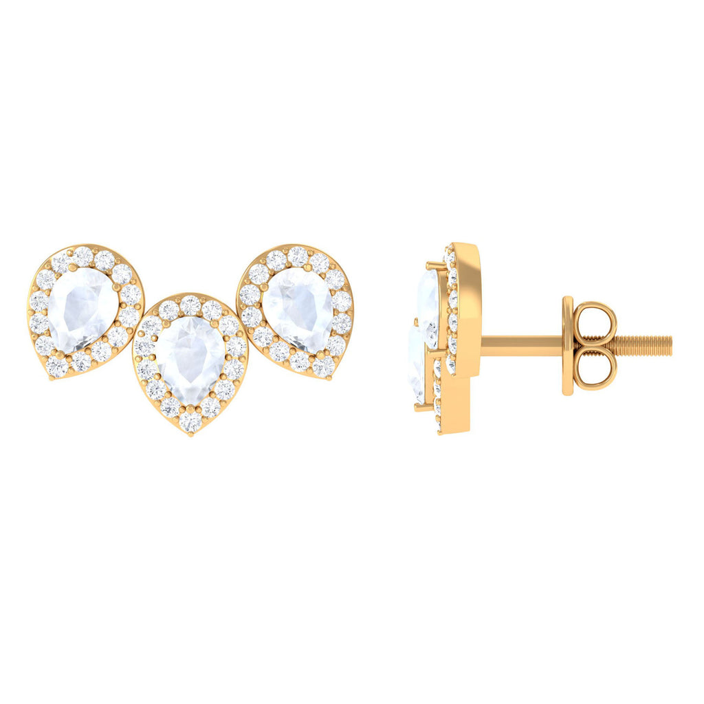 Rosec Jewels - Pear Shape Moonstone Three Stone Bridal Stud Earrings with Diamond Halo