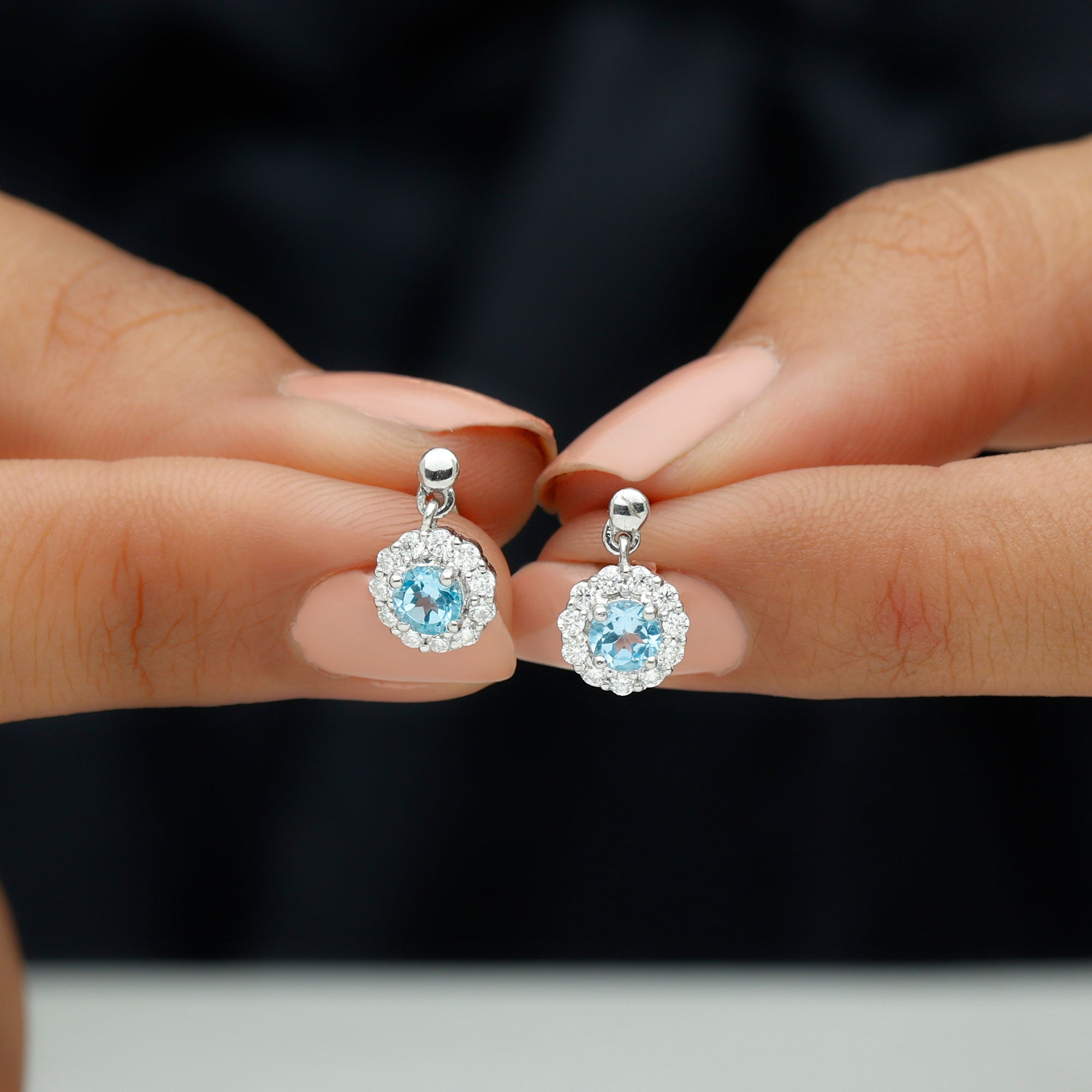 1 CT Real Swiss Blue Topaz and Diamond Flower Halo Drop Earrings - Rosec Jewels