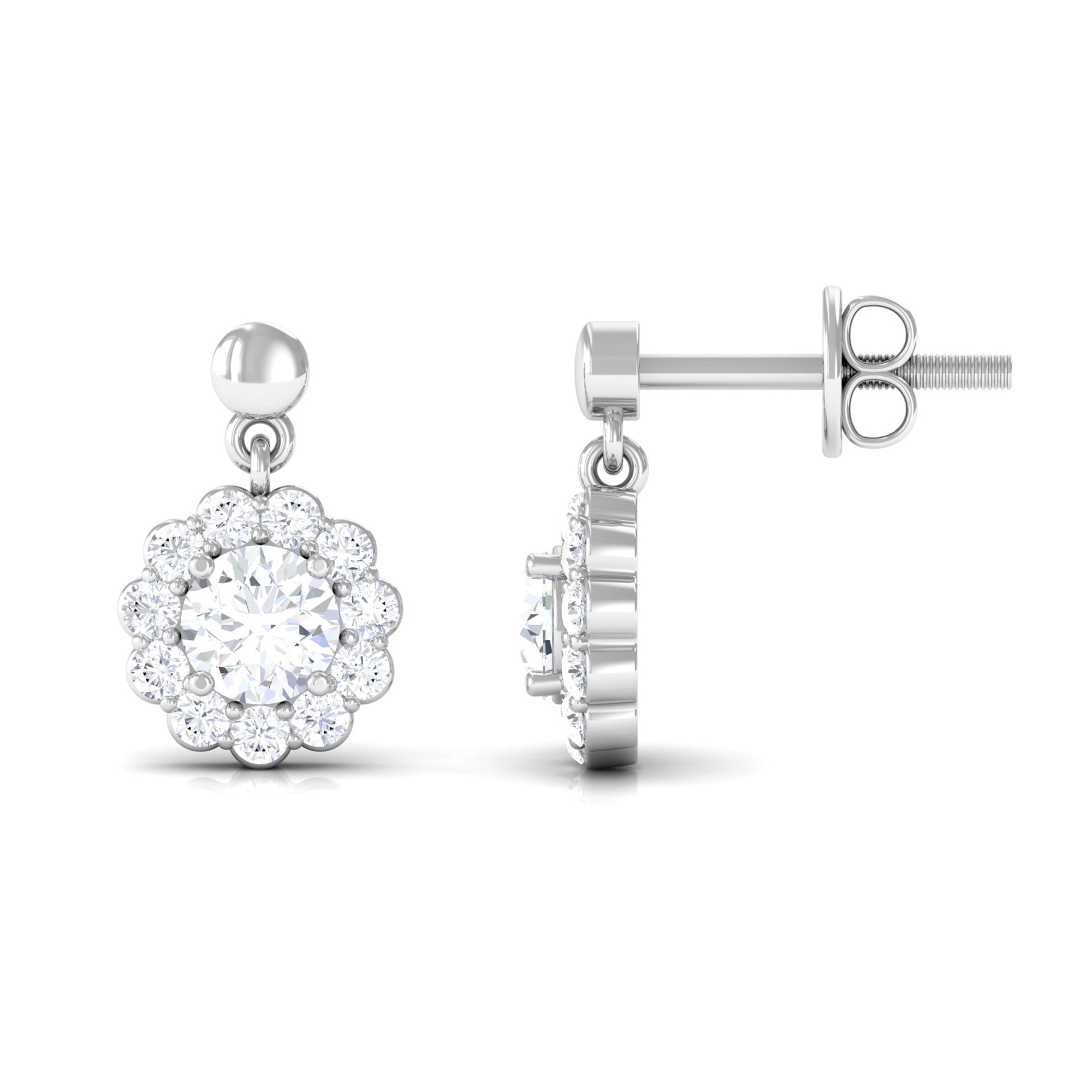 Certified Moissanite Flower Halo Drop Earrings Moissanite - ( D-VS1 ) - Color and Clarity - Rosec Jewels