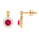 Natural Ruby Flower Drop Earrings with Diamond Halo Ruby - ( AAA ) - Quality - Rosec Jewels