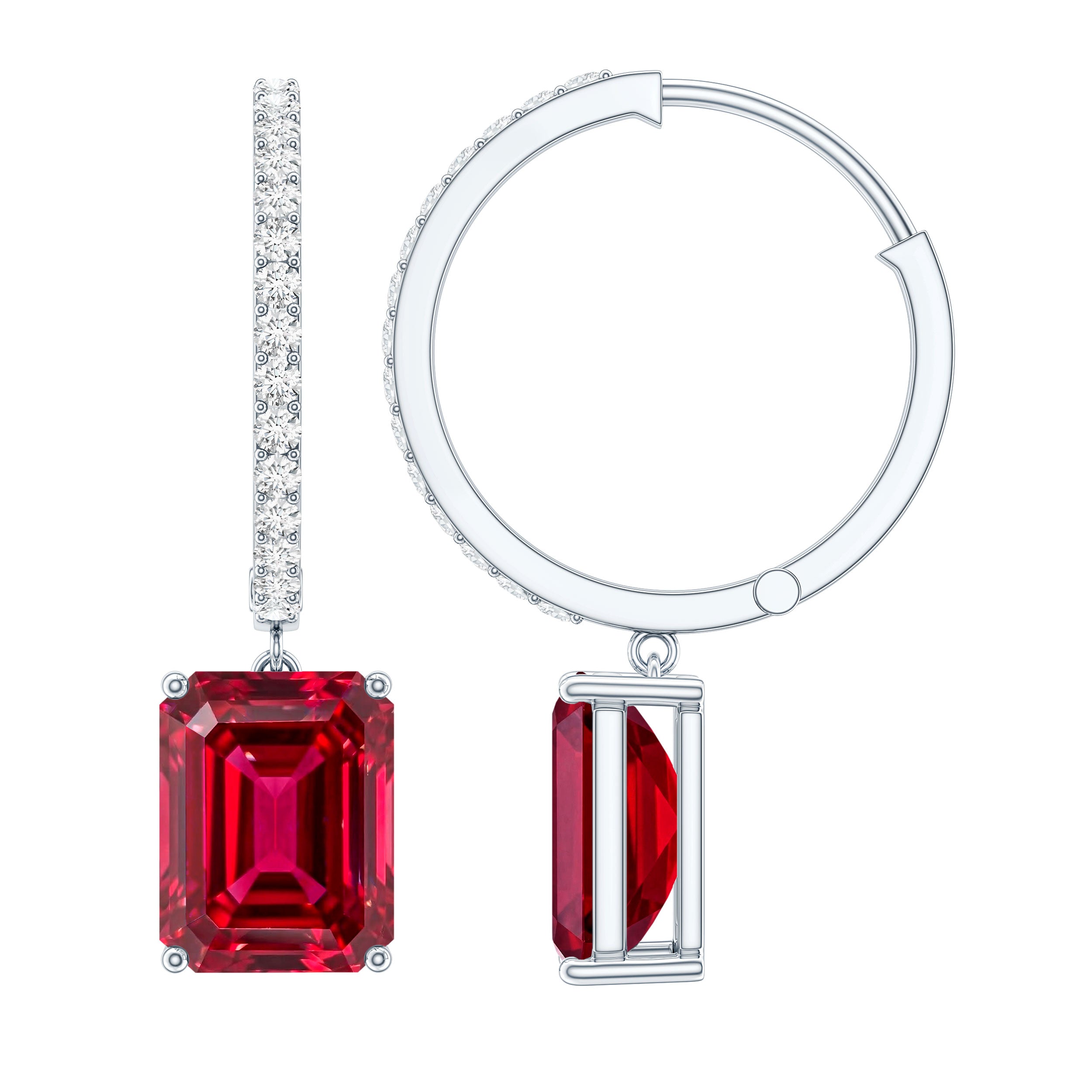 Emerald Cut Lab Created Ruby and Diamond Hoop Drop Earrings AAAA - Rosec Jewels
