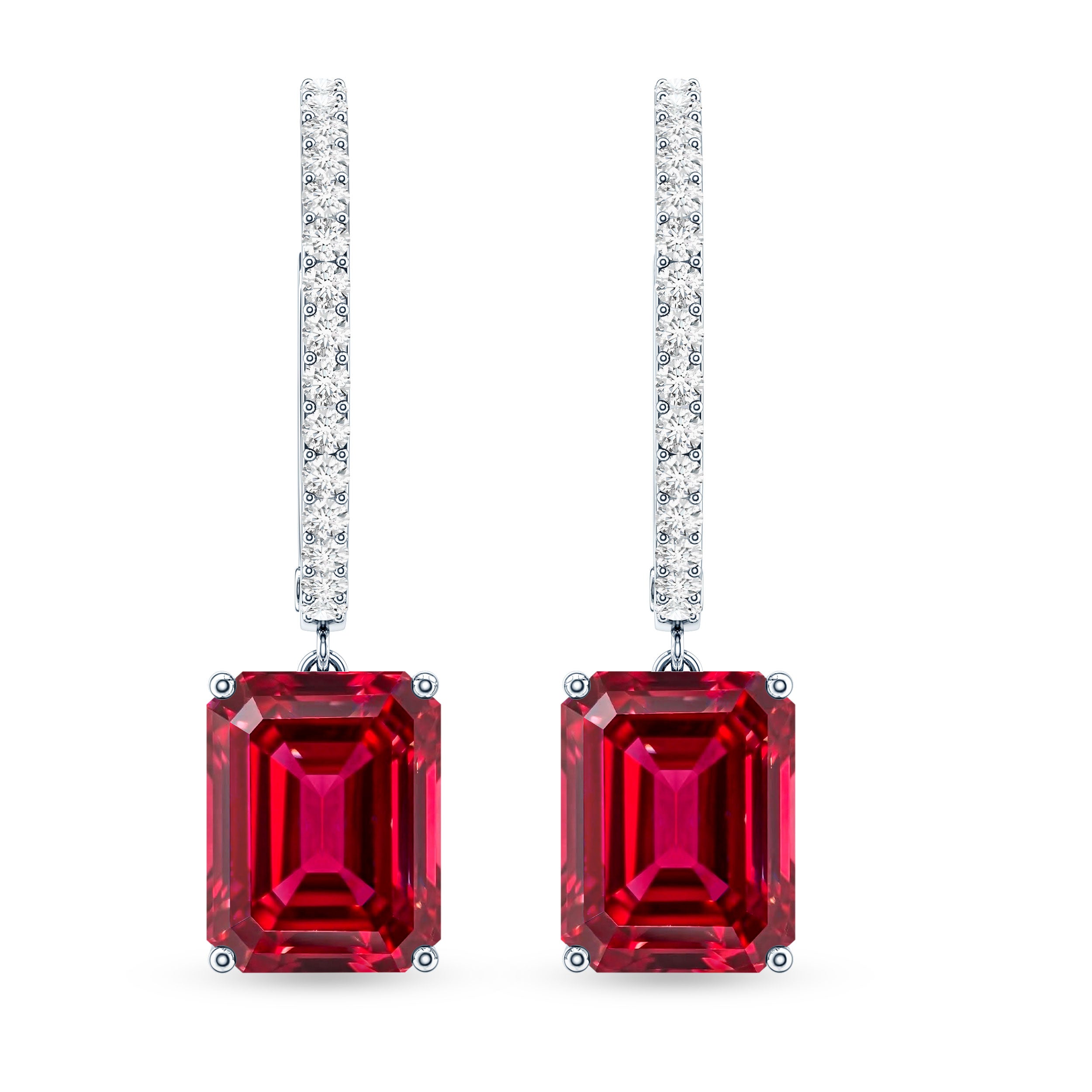 Emerald Cut Lab Created Ruby and Diamond Hoop Drop Earrings AAAA - Rosec Jewels
