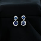 3 CT Created Blue Sapphire and Moissanite Halo Dangle Earrings in Silver Lab Created Blue Sapphire - ( AAAA ) - Quality 92.5 Sterling Silver - Rosec Jewels