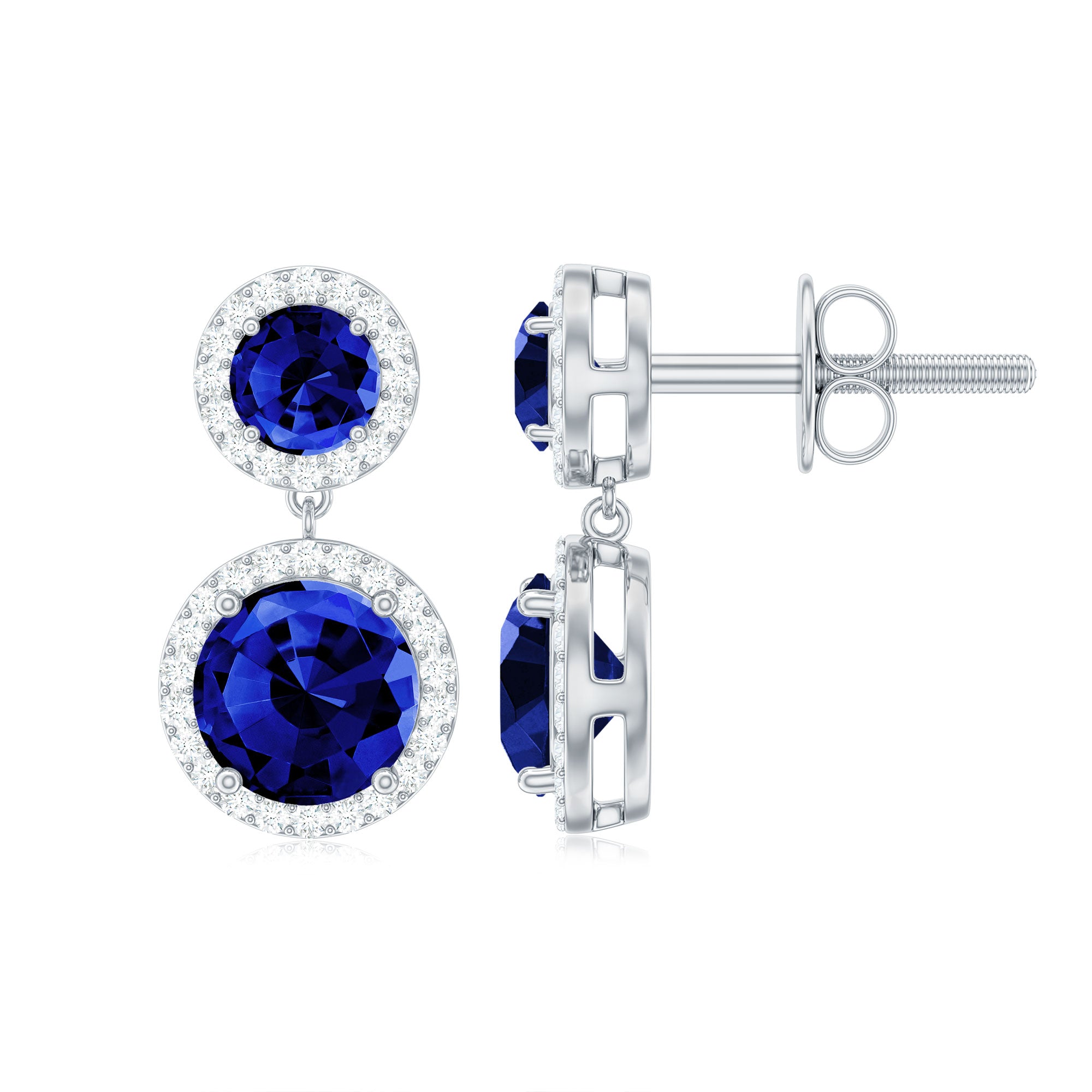 Lab Created Blue Sapphire Wedding Dangle Earrings with Moissanite Halo AAAA - Rosec Jewels