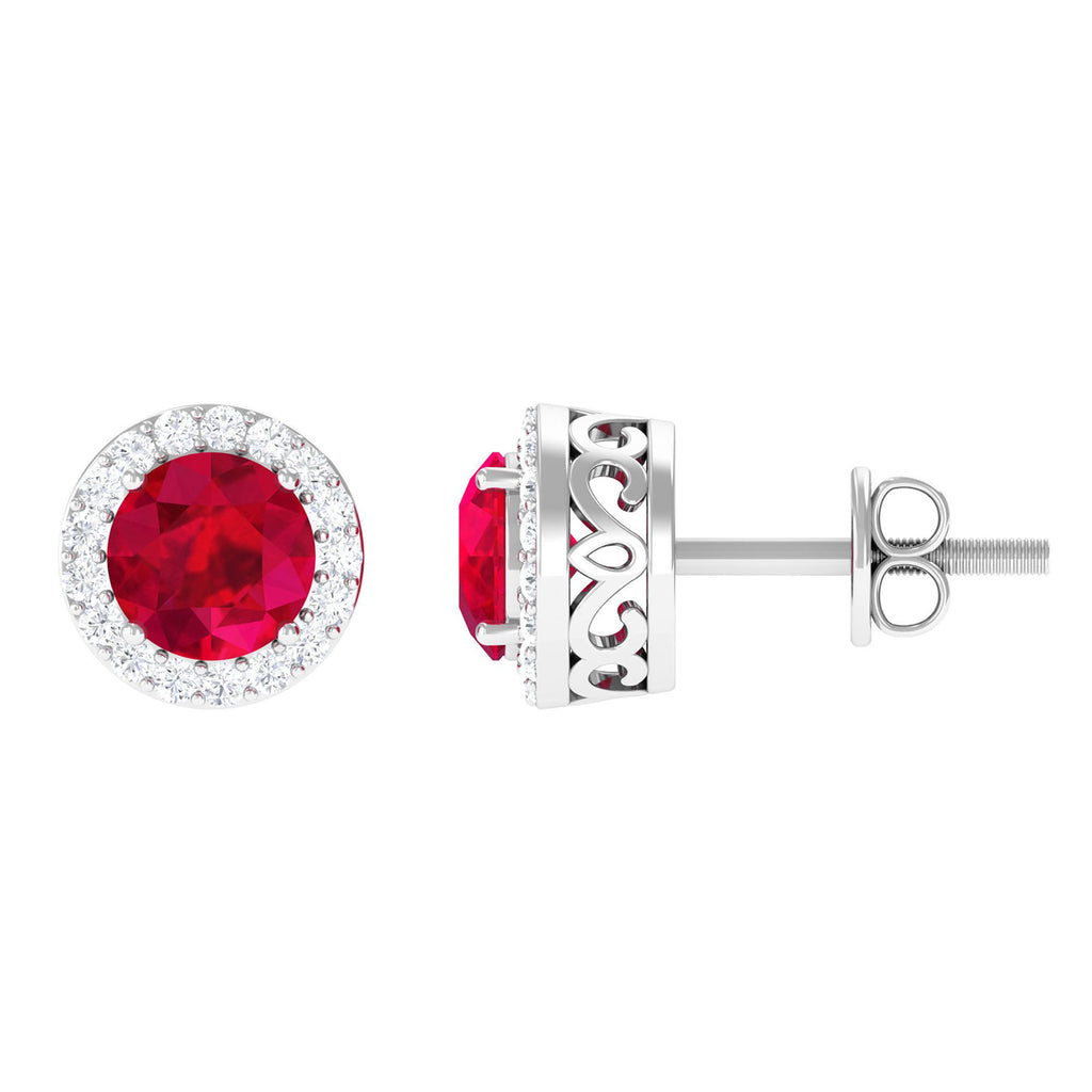 Created Ruby and Diamond Classic Halo Stud Earrings Lab Created Ruby - ( AAAA ) - Quality - Rosec Jewels