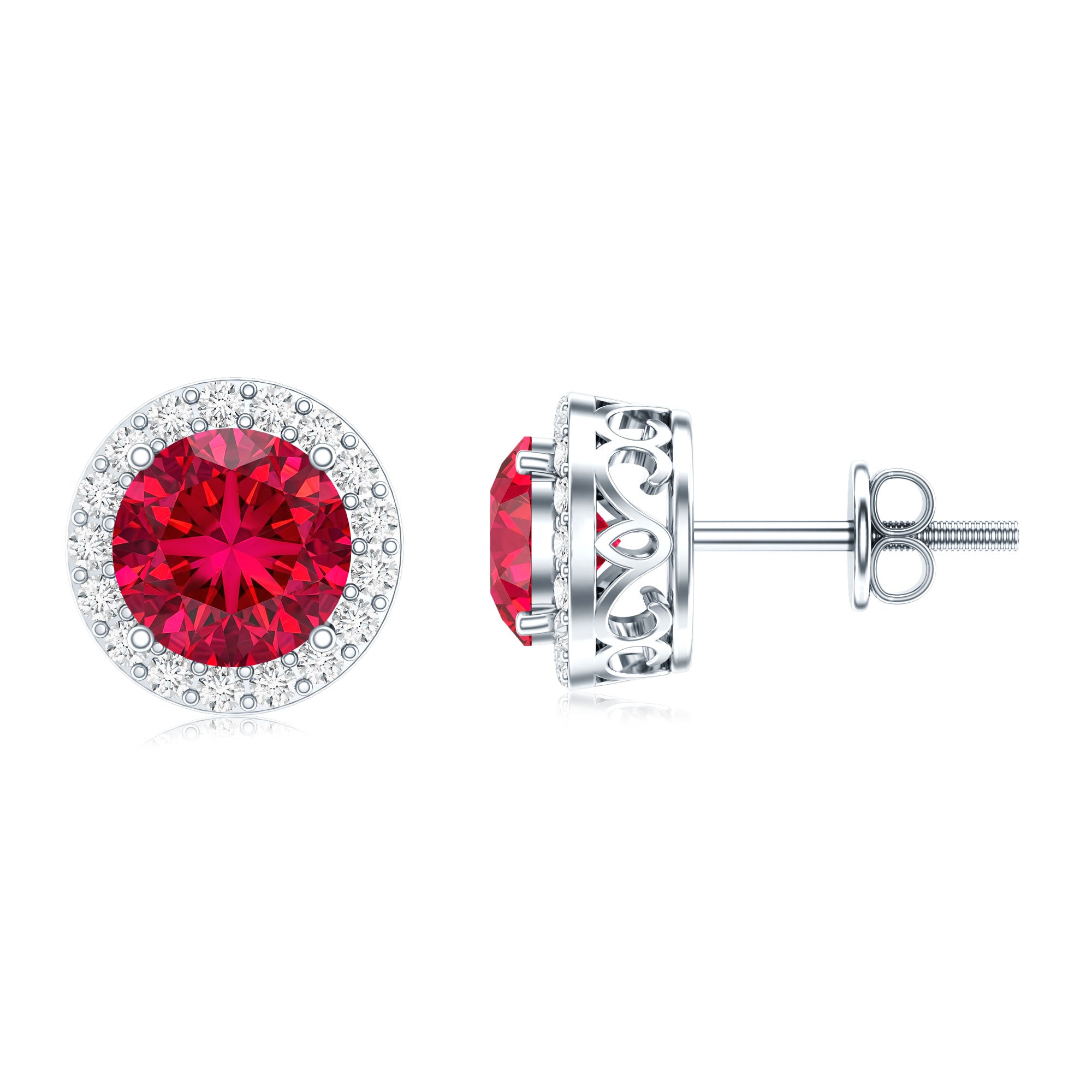 Created Ruby and Diamond Classic Halo Stud Earrings AAAA - Rosec Jewels