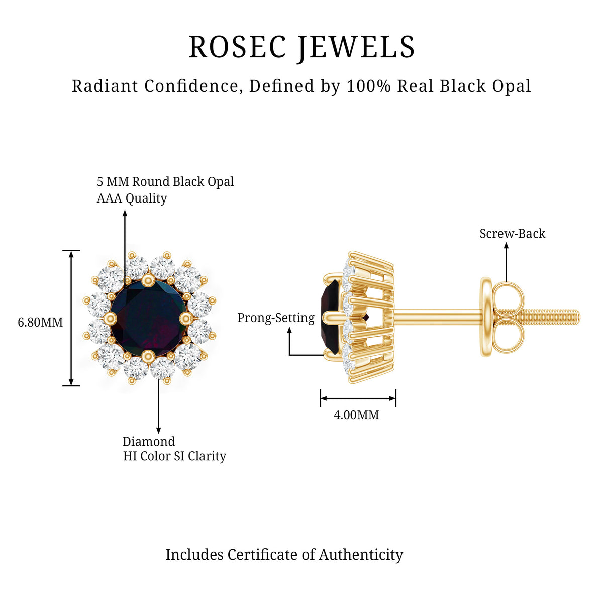Genuine Black Opal Diamond Earrings with Screw Back AAA - Rosec Jewels