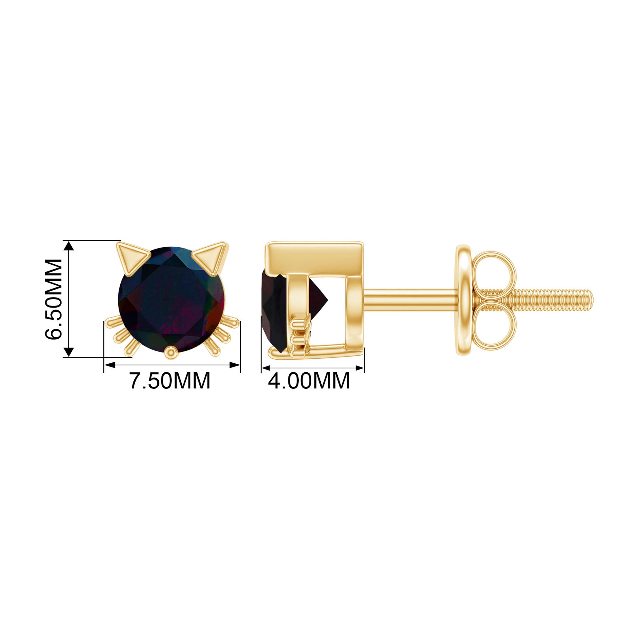1/2 CT Solitaire Black Opal Cat Stud Earrings in Gold Black Opal - ( AAA ) - Quality - Rosec Jewels