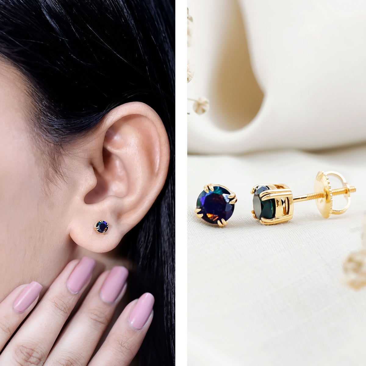 0.9 Carat Natural Black Opal Solitaire Stud Earrings with Screw Back AAA - Rosec Jewels