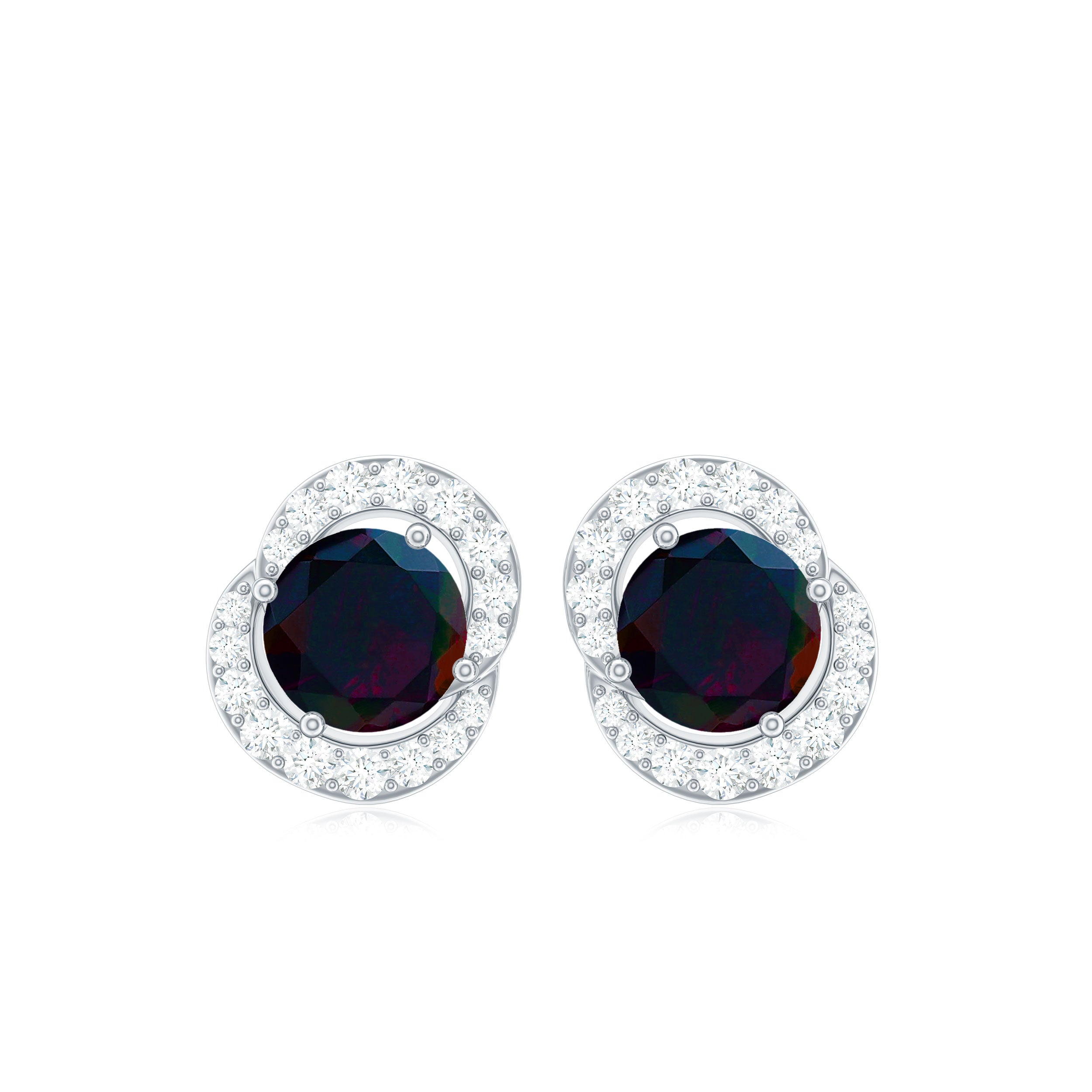 Classic Round Stud Earrings with Black Opal and Diamond Black Opal - ( AAA ) - Quality - Rosec Jewels