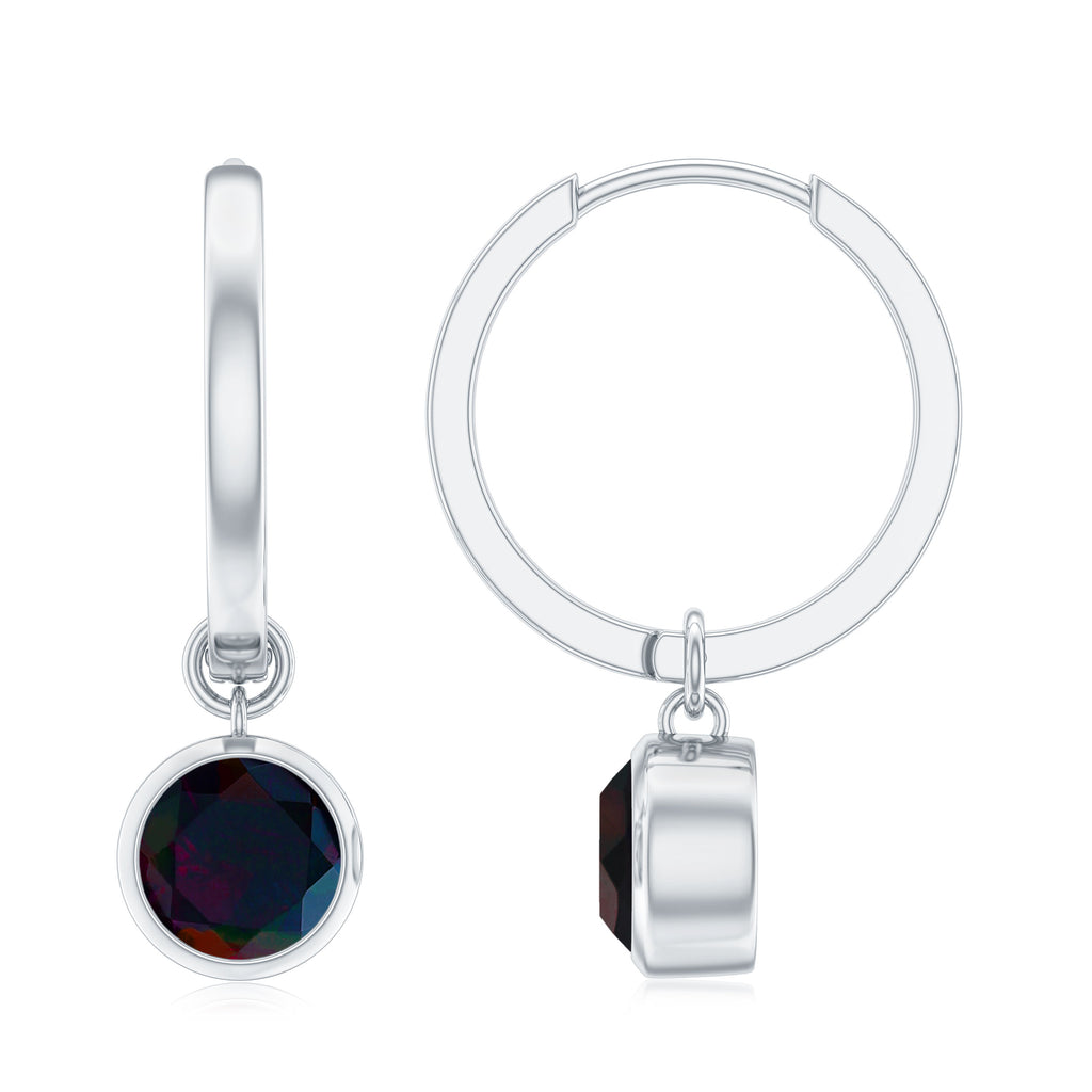 Simple Gold Hoop Drop Earrings with Bezel Set Round Black Opal Black Opal - ( AAA ) - Quality - Rosec Jewels
