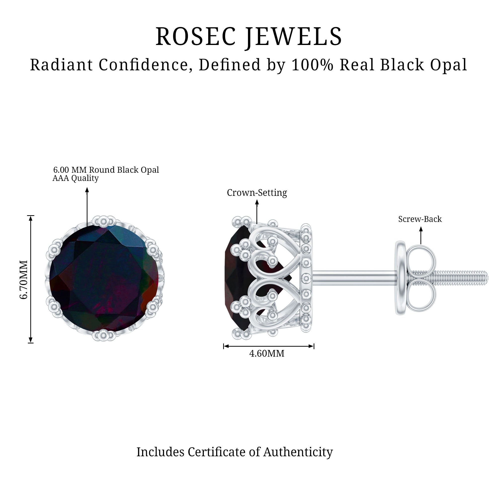 Natural 1.6 Carat Black Opal Crown Stud Earrings in Silver AAA 92.5 Sterling Silver - Rosec Jewels