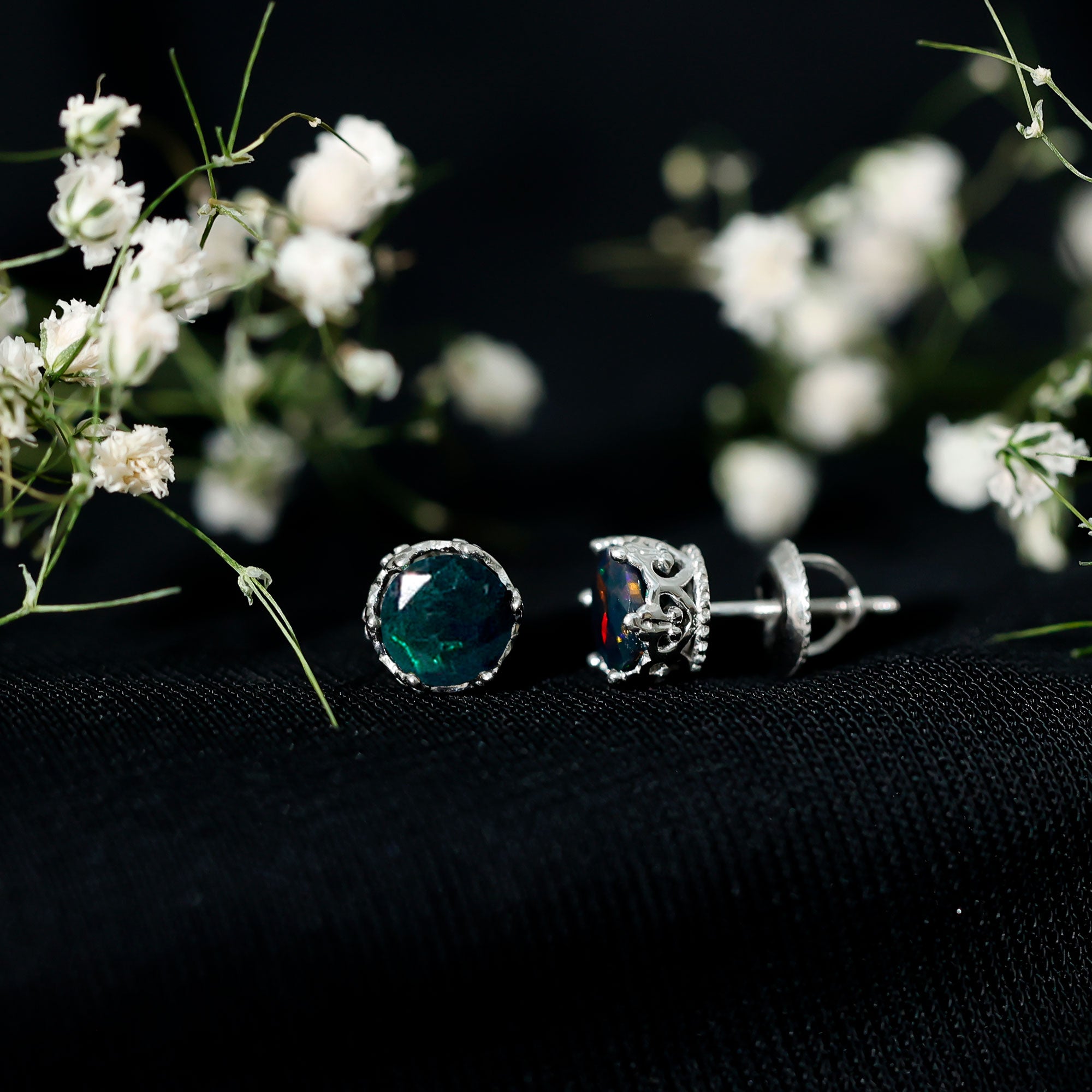 Natural 1.6 Carat Black Opal Crown Stud Earrings in Silver AAA 92.5 Sterling Silver - Rosec Jewels