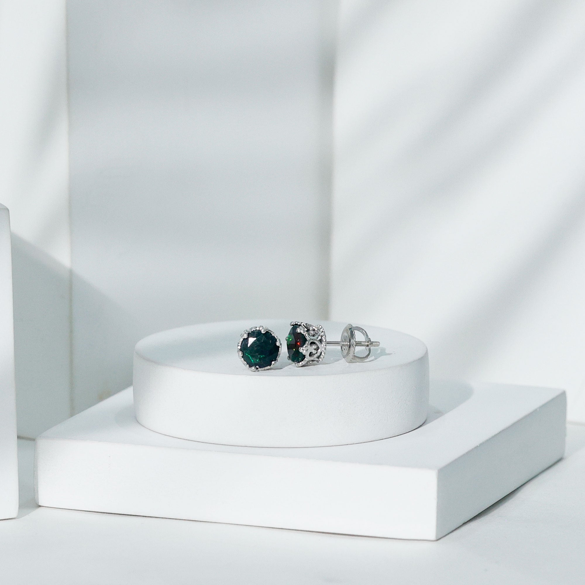 Natural 1.6 Carat Black Opal Crown Stud Earrings in Silver AAA 92.5 Sterling Silver - Rosec Jewels