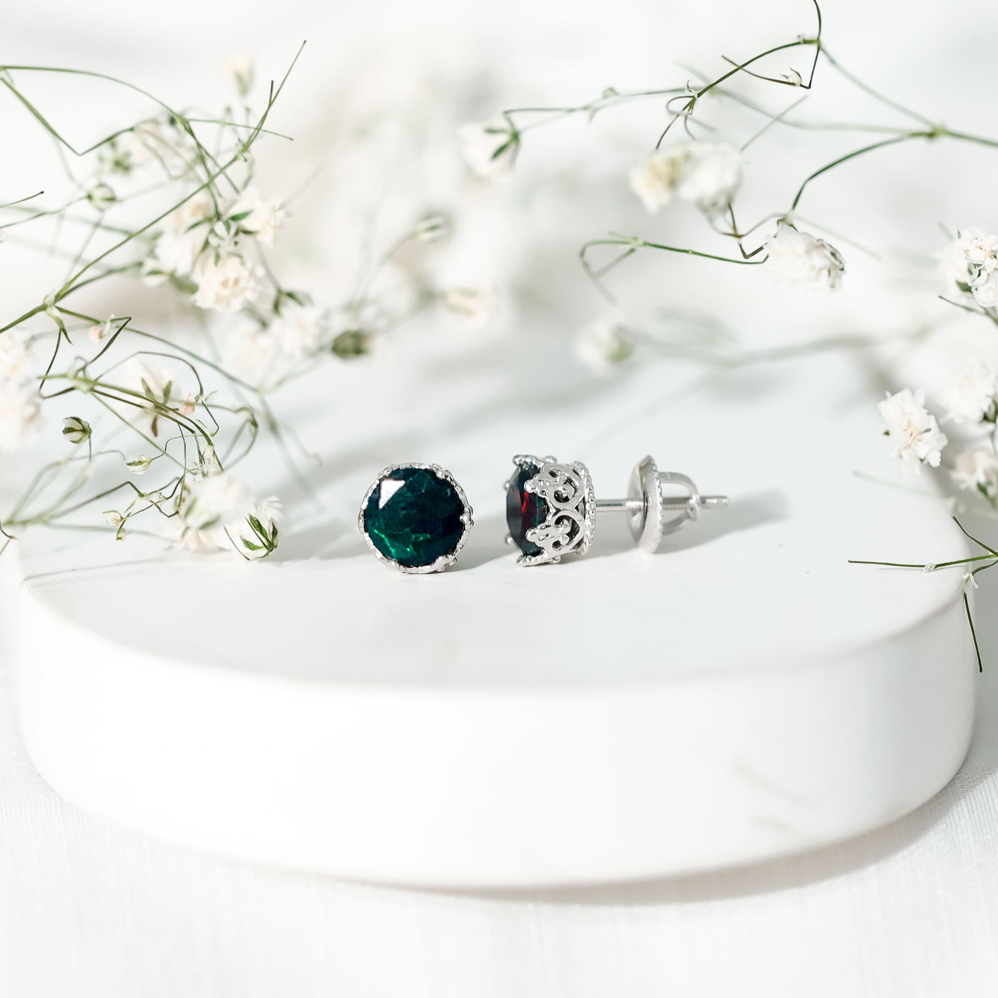 Natural 1.6 Carat Black Opal Crown Stud Earrings in Silver AAA 92.5 Sterling Silver - Rosec Jewels