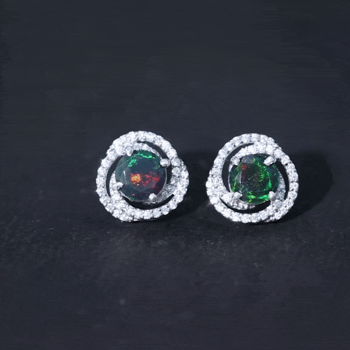 2 CT Black Opal Swirl Stud Earrings with Moissanite in Gold Black Opal - ( AAA ) - Quality - Rosec Jewels