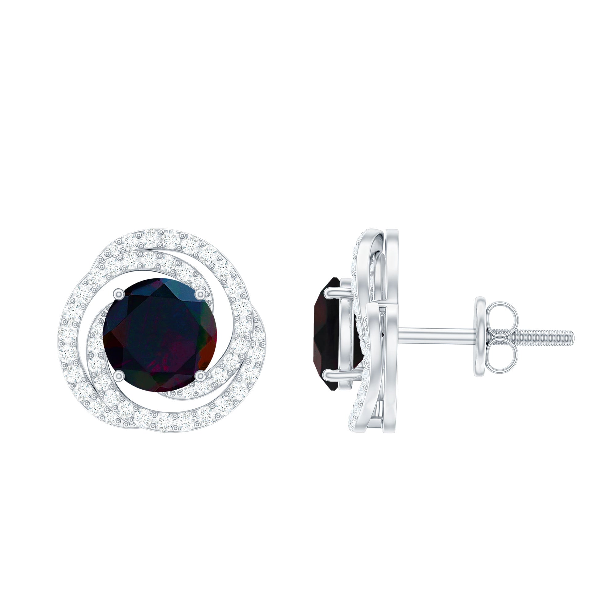 2 CT Black Opal Swirl Stud Earrings with Moissanite in Silver Black Opal - ( AAA ) - Quality 92.5 Sterling Silver - Rosec Jewels