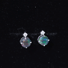 Simple Round Black Opal Solitaire Stud Earrings with Dainty Moissanite Black Opal - ( AAA ) - Quality - Rosec Jewels
